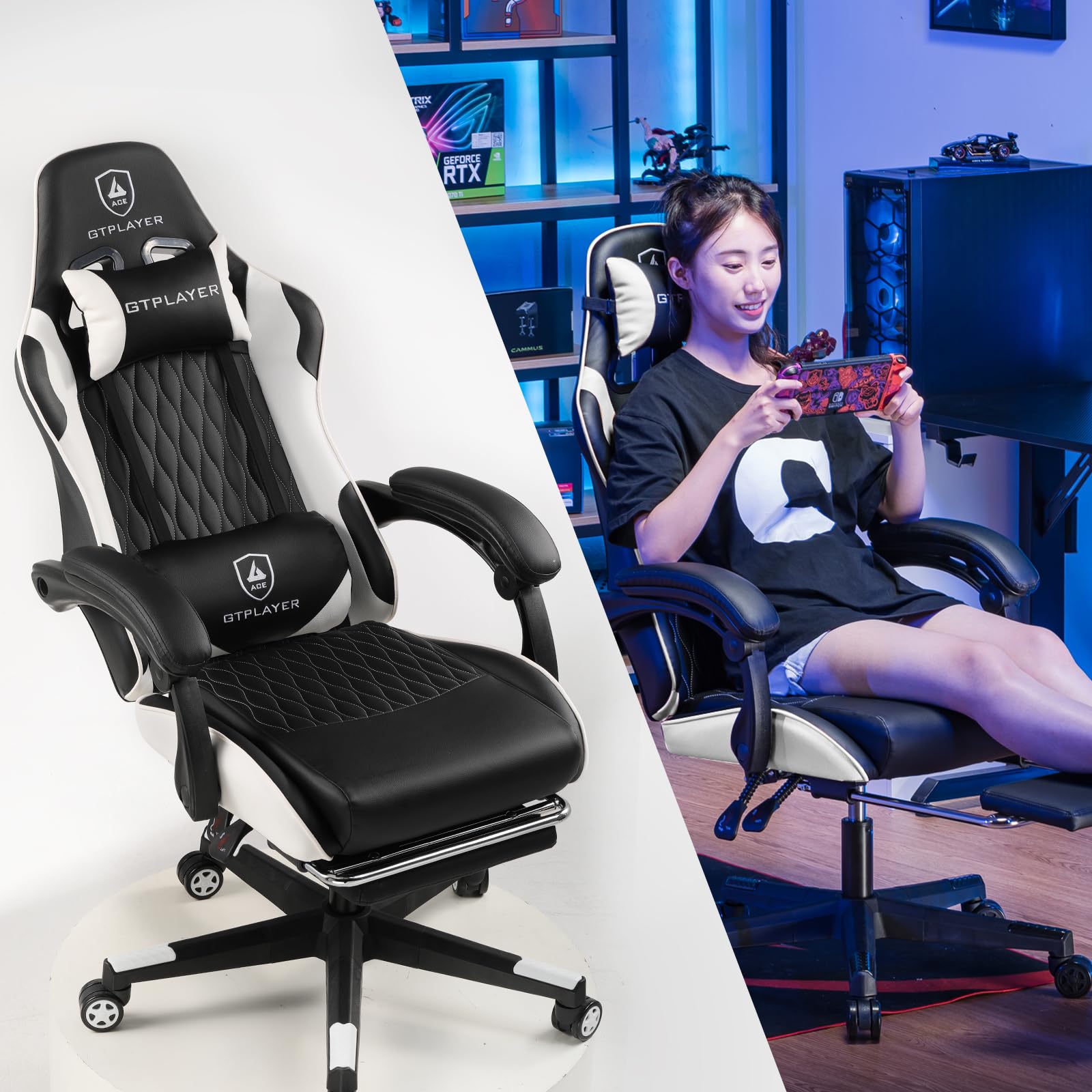 GTPLAYER Ergonomic Gaming Chair with Adjustable Lumbar Support & Footrest - White Office Computer Chair with Headrest & High-Density Padding for PC Gamers, Streamers & Esports (150kg Weight Capacity) - Perfect for Long Gaming Sessions, Home Office & Workstations