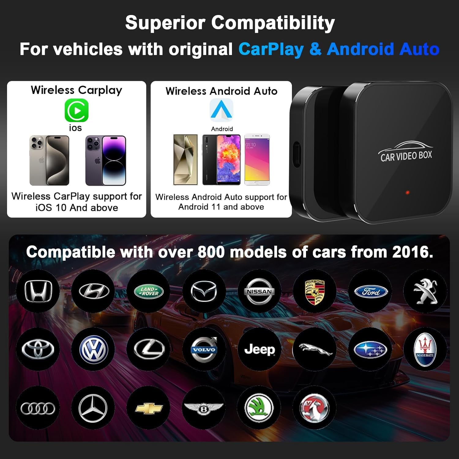2024 Wireless CarPlay Adapter for iPhone - 5GHz WiFi Android Auto Dongle with YouTube Streaming | Plug & Play Setup | Convert Wired to Wireless CarPlay | Perfect for Tesla, BMW, Toyota & More | Enjoy Movies, Music & Navigation on Your Car Screen