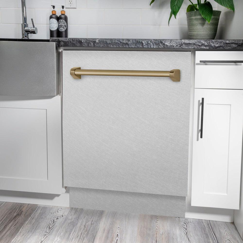 ZLINE Autograph Edition 24-inch Built-In Tall Tub Dishwasher with 3rd Rack - Satin Stainless Steel Panel & Champagne Bronze Handle - 51dBa Quiet Operation (DWVZ SN 24 CB) - Perfect for Modern Kitchens and Open-Concept Homes