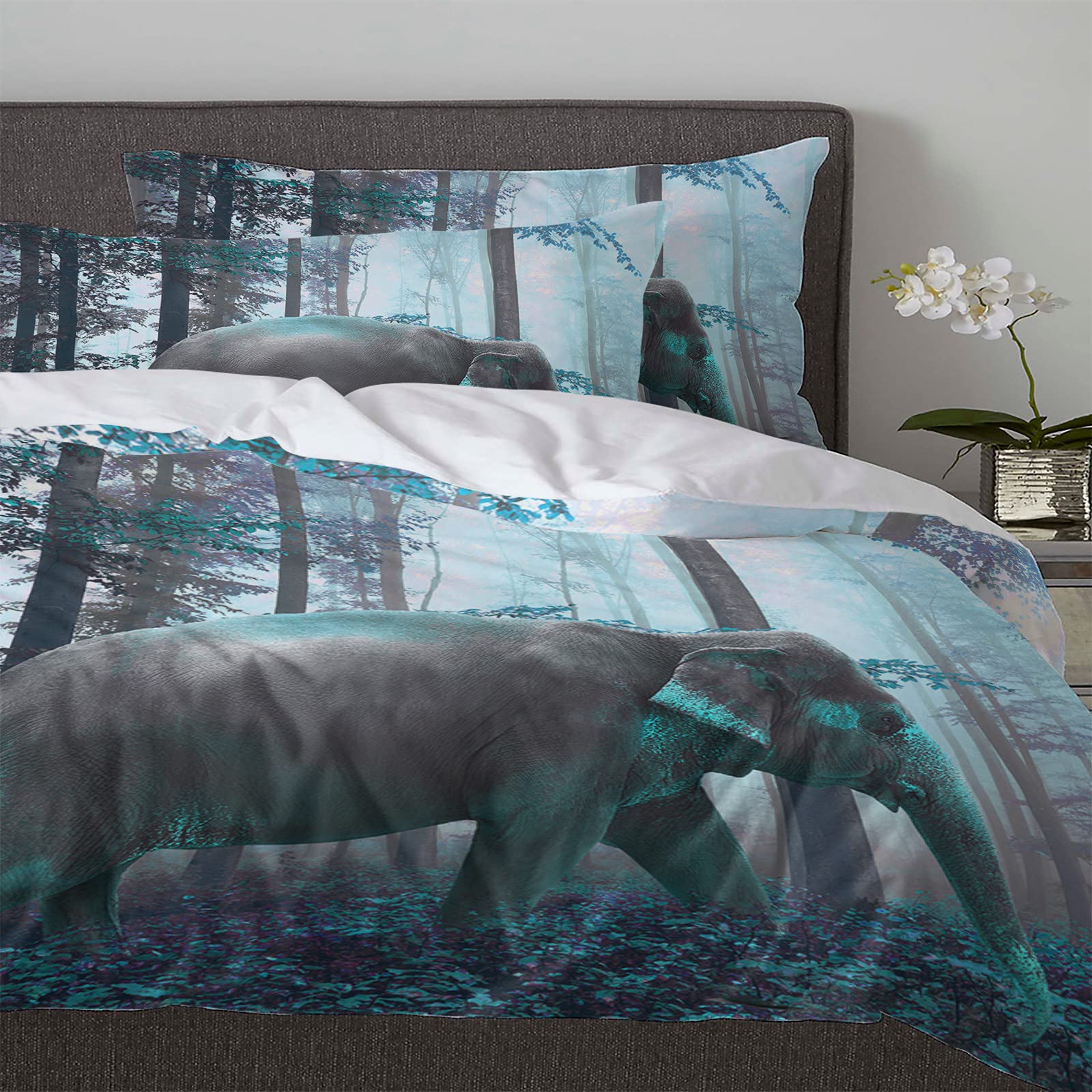 Premium Queen Duvet Cover Set - Elephant Print Autumn Thanksgiving Theme in Teal Green - Soft Comforter Cover with 2 Pillowcases for Teens, Kids & Adults | Perfect for Cozy Bedrooms, Guest Rooms & Dorm Decor