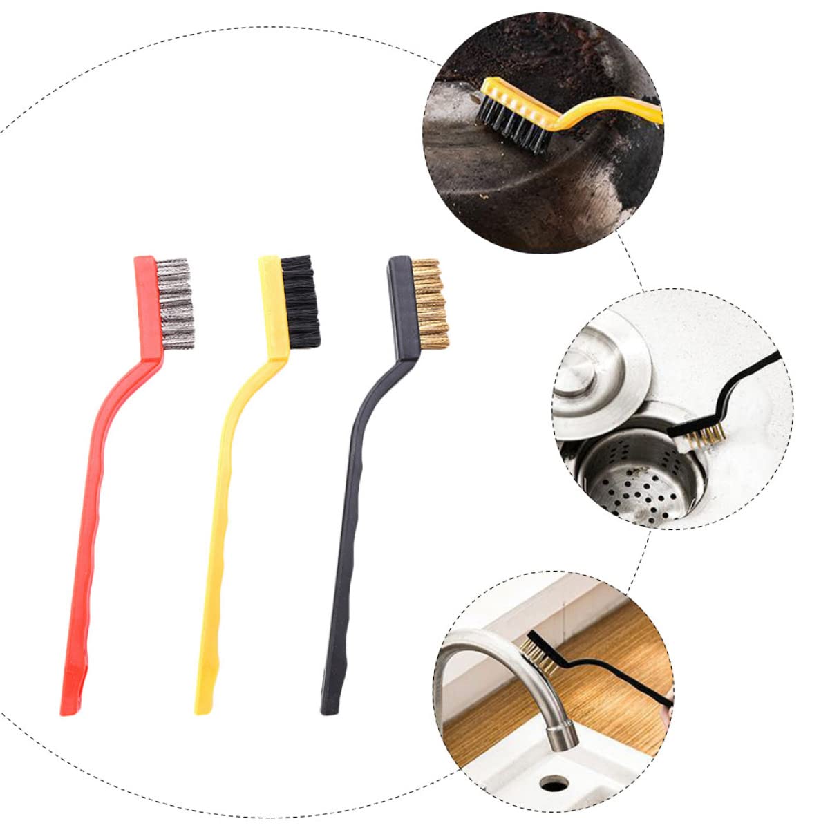 Baluue 3-Piece Mini Wire Scratch Brush Set - Nylon & Brass Bristles with Curved Handle for Rust Removal, Cleaning, and Polishing - Perfect for Automotive, Jewelry, and DIY Projects