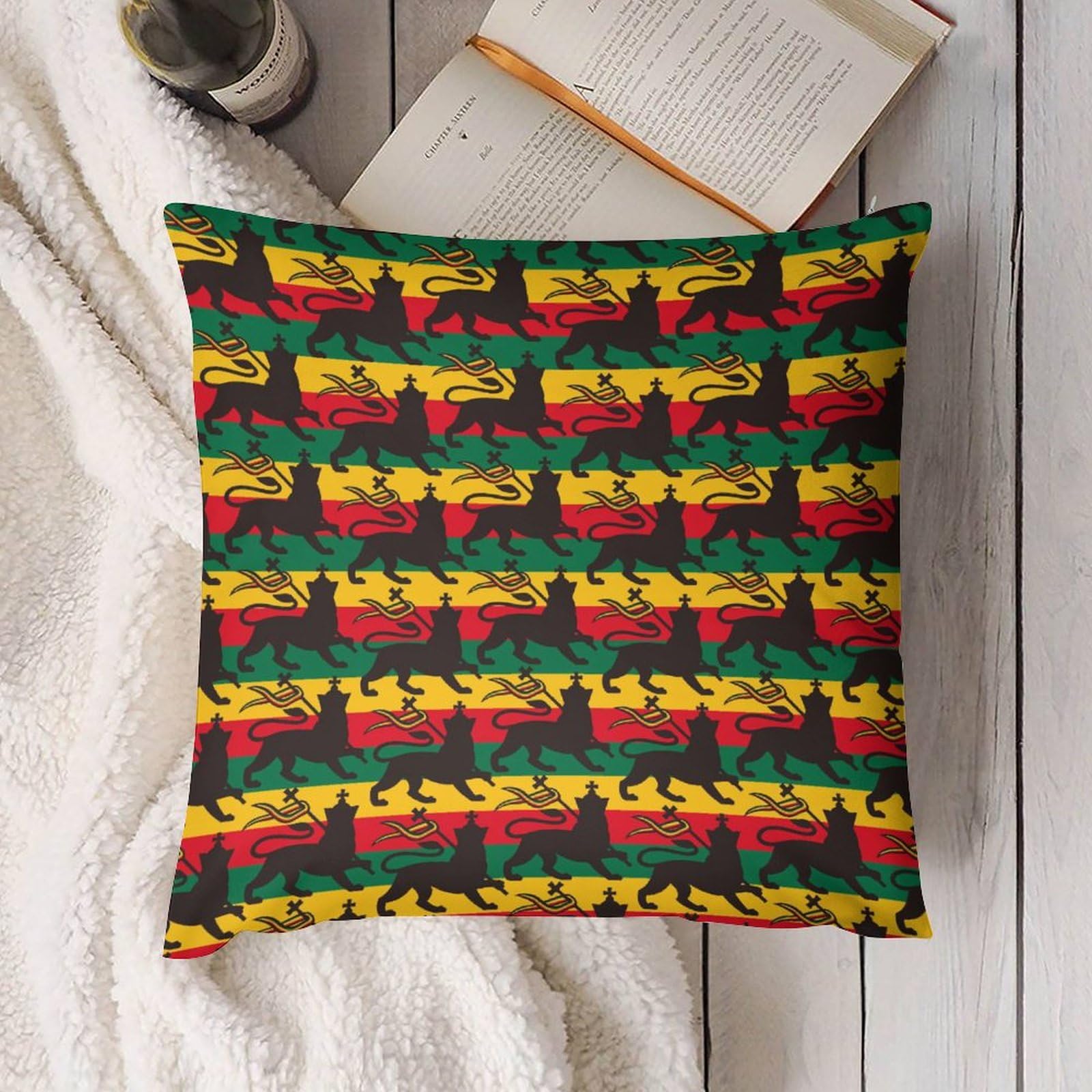 Rastafarian Flag Lion Plush Pillow Covers - Soft 20x20 Inch Cushion Cases for Sofa & Bed (Set of 4) - Perfect for Home Decor, Reggae Themed Rooms & Cultural Displays