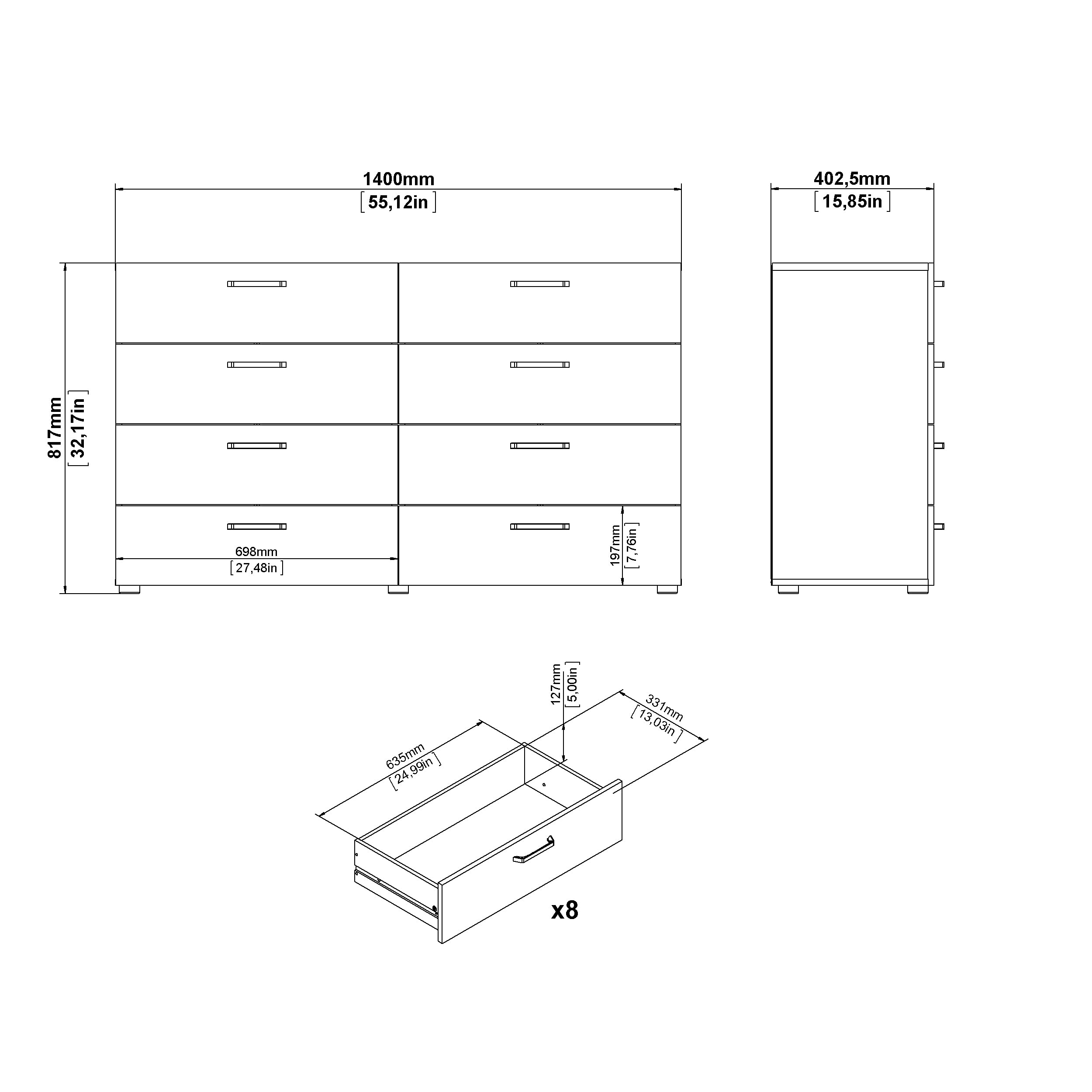 Tvilum 8-Drawer Double Dresser in Dark Chocolate - Modern Bedroom Storage Solution for Clothes, Linens & Accessories