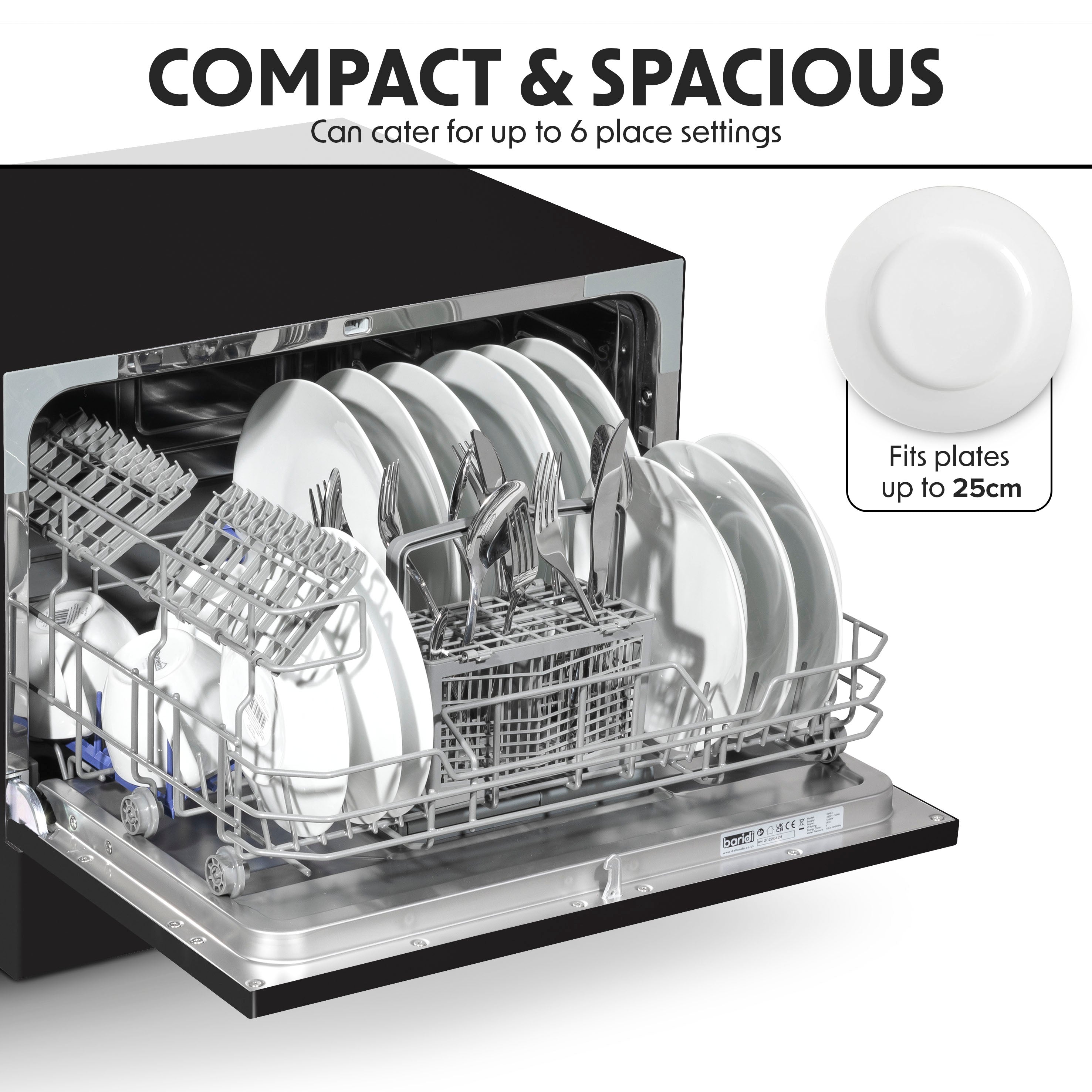 Baridi Compact Tabletop Dishwasher - 6 Place Settings, 6 Wash Programs, Ultra Quiet (42dB), 6.5L Capacity in Sleek Black (Model DH85) | Perfect for Small Apartments, RVs, Dorms & Office Break Rooms