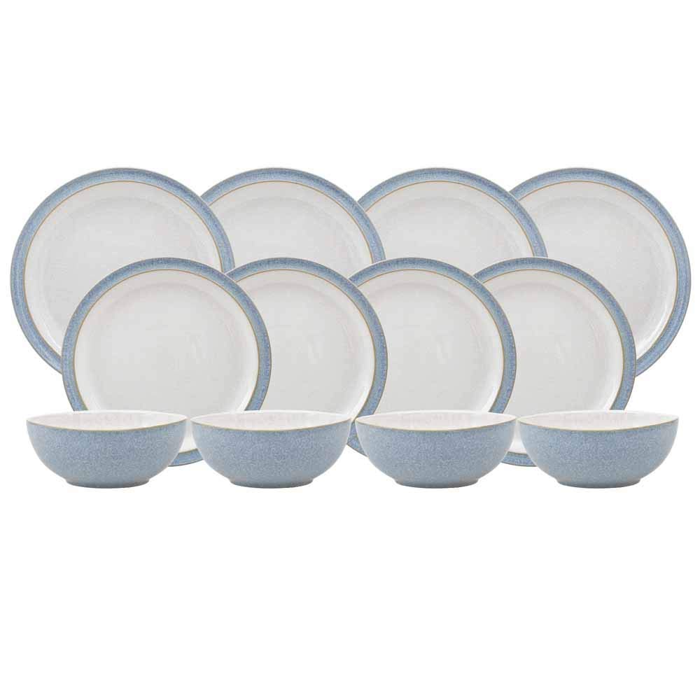 Denby Elements Blue 12-Piece Ceramic Dinnerware Set - Microwave & Dishwasher Safe Plates & Bowls - Elegant Tableware for Everyday Dining & Entertaining
