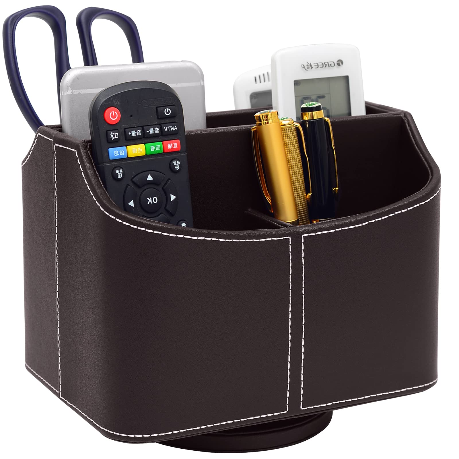360° Rotating PU Leather Remote Control Holder - Desk Organizer for TV Remotes, Mail, Pens & Electronics | Compact Storage Box for Living Room, Office & Bedroom (Brown)