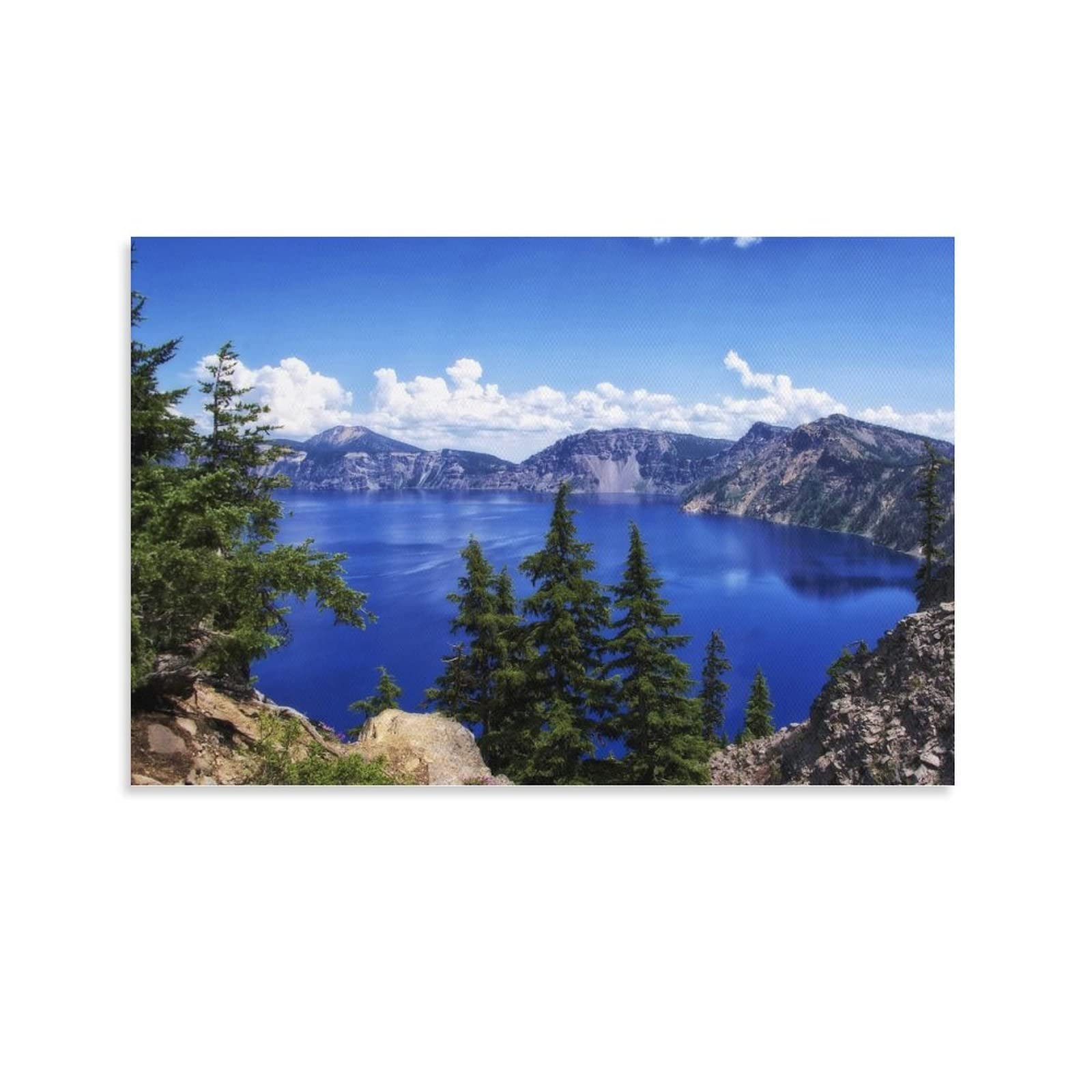 Mountain Lakes Forest Blue Sky White Clouds Scenery Canvas Wall Art - 08x12inch (20x30cm) - Nature Landscape Poster for Bedroom, Living Room & Office Decor