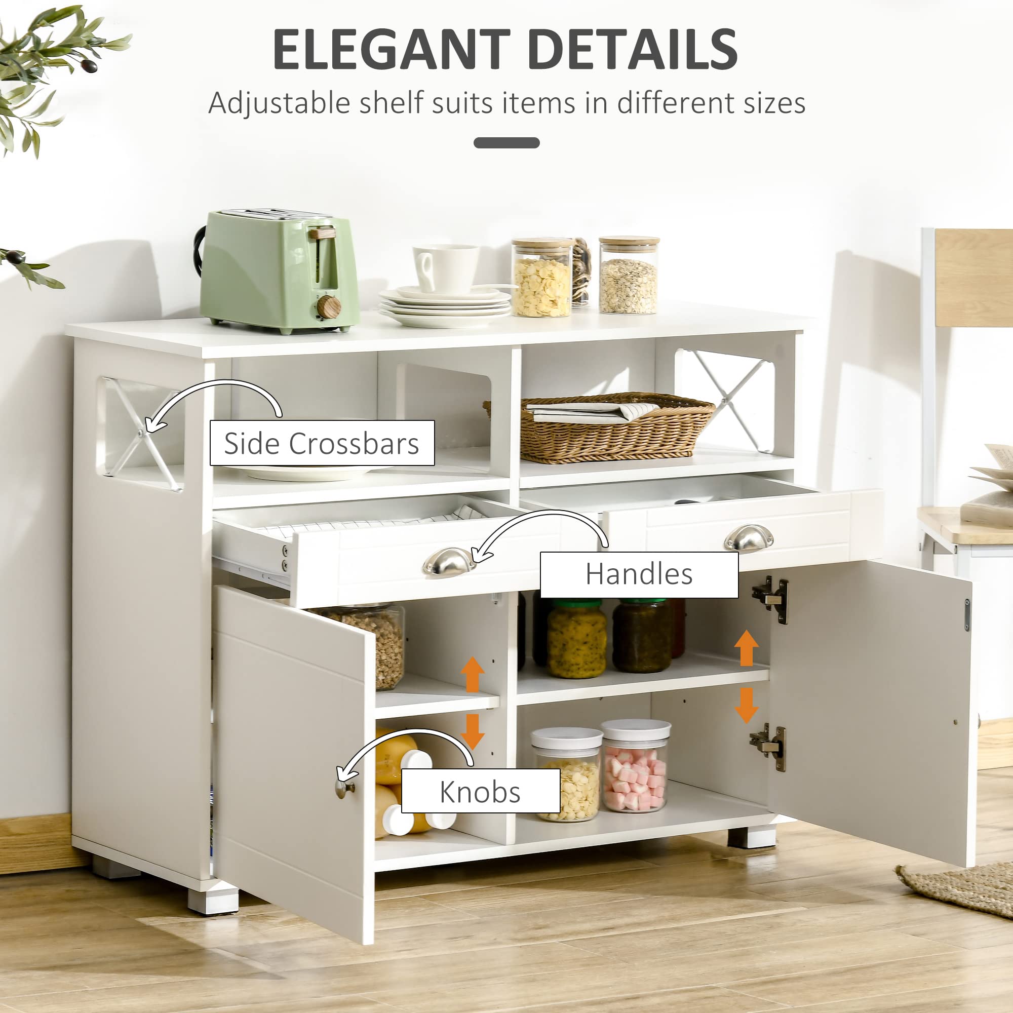 HOMCOM White Sideboard Buffet Cabinet with Storage Drawers - Kitchen Coffee Bar Organizer, Large Tabletop & Crossbar Design for Dining Room, Living Room, or Home Office Storage