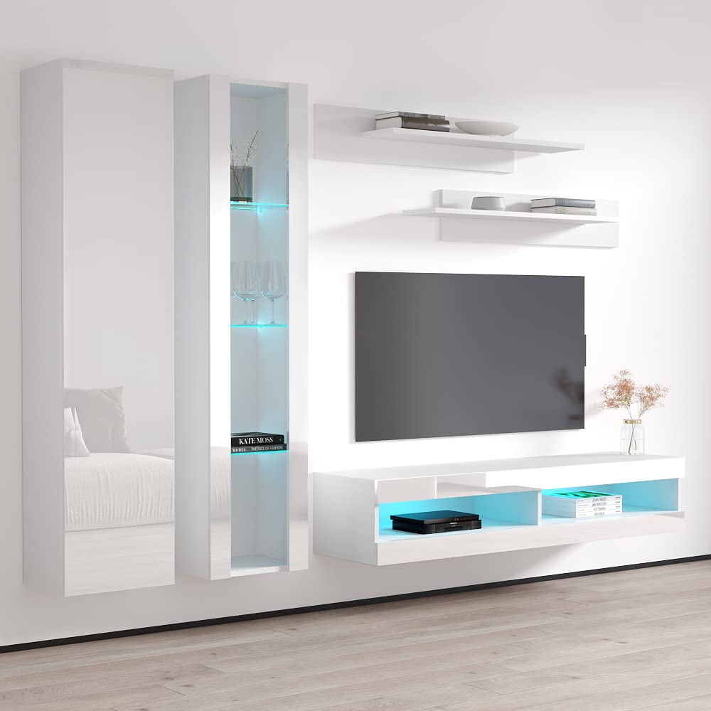 Modern White Wall-Mounted TV Stand with Storage Shelves & LED Lights - Floating Entertainment Center Console for Bedroom & Living Room - Perfect for Small Spaces & Home Theater Setup - Meble Furniture Fly A4 34TV Stand
