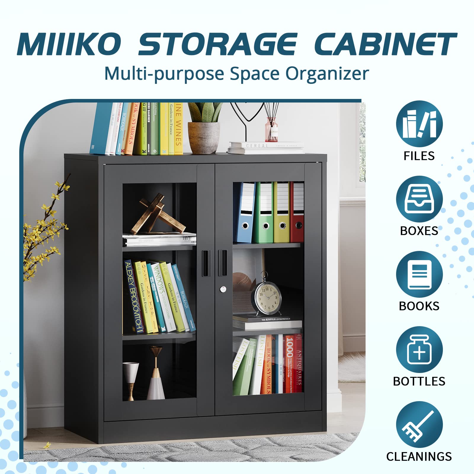 MIIIKO Metal Storage Cabinet with Glass Doors - Counter Height Display Cabinet with 2 Adjustable Shelves, Tempered Glass & Locking Mechanism - Perfect for Kitchen, Office, or Retail Store Display