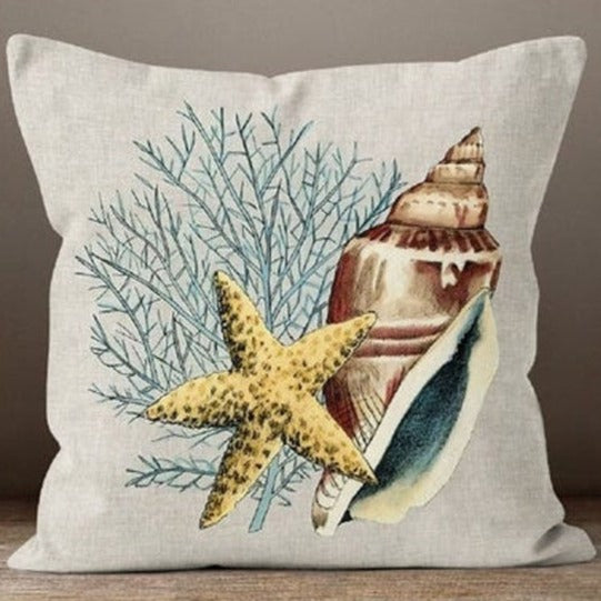 Coastal Conch Pillow Covers Set of 4 - Decorative Seashell Print Throw Pillow Cases for Beach House Decor, Living Room, Bedroom & Porch