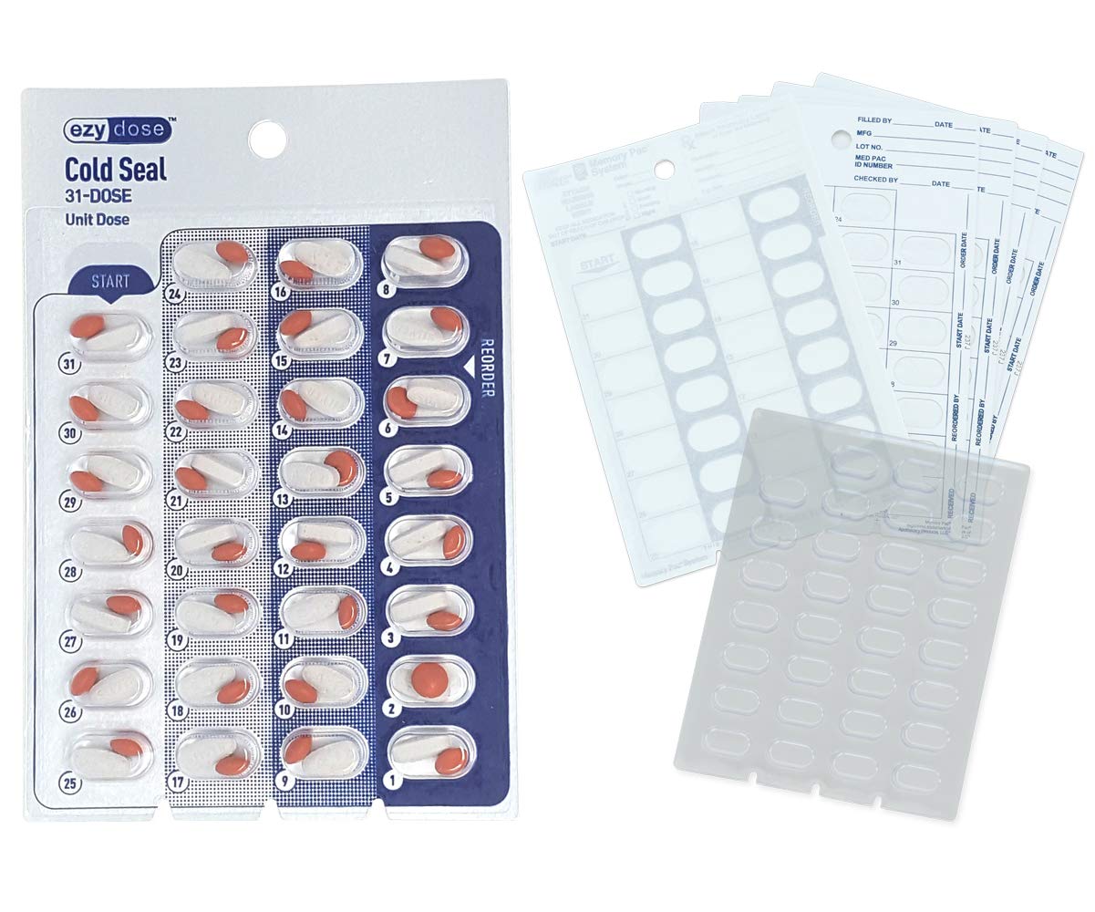 Cold Seal Medication Blister Pack Refill Set - Includes Blister Trays & Cold-Seal Cards - Regular or Jumbo Pill Blister Sizes (Monthly Supply - Standard 1/2
