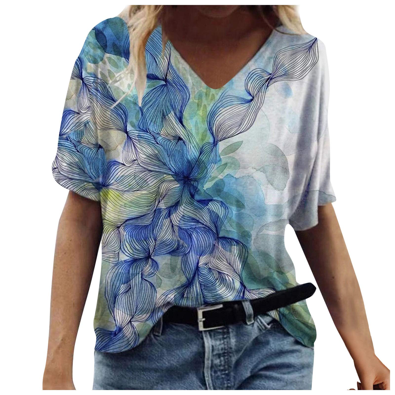 Stylish Women's Summer V-Neck T-Shirt with Sunflower Tie-Dye Print | Casual Loose Fit Tee for Everyday Wear | Perfect for Beach Outings, Weekend Brunch & Summer Vacations