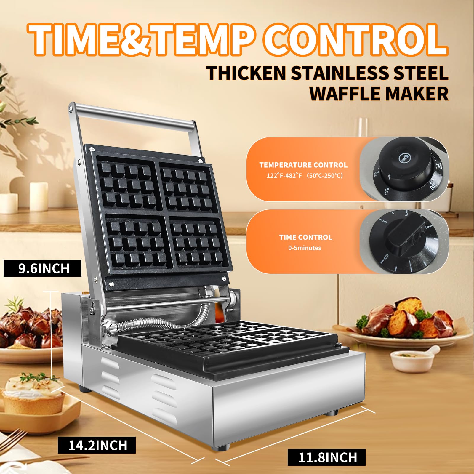 Li Zhen Commercial Waffle Maker - Electric Nonstick Round Waffle Machine with 4 Slices, Mini Waffle Iron for Classic Waffles & Square Pancakes - Perfect for Kids Breakfast, Family Brunch & Cafe Use