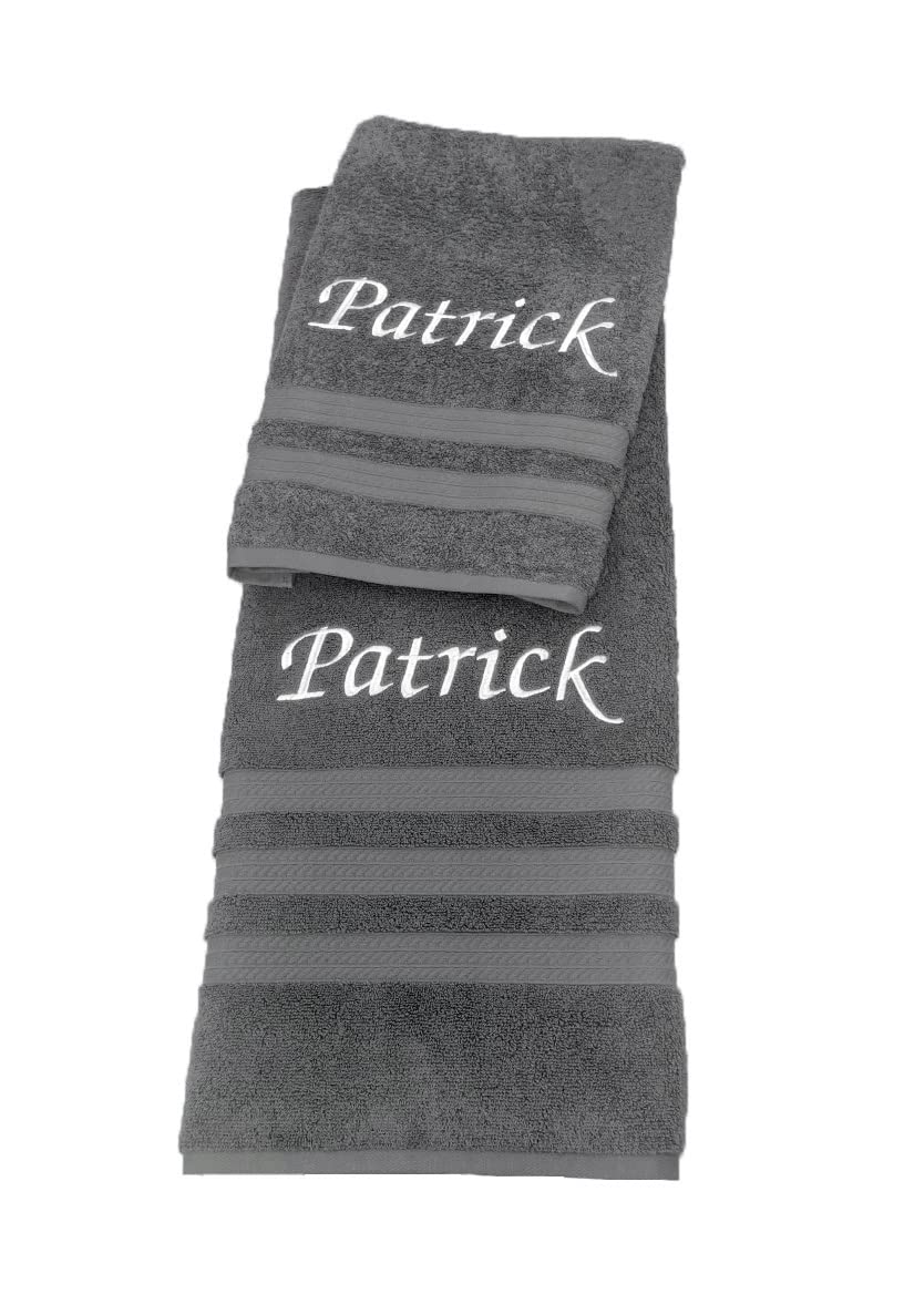 Premium Embroidered Bath & Hand Towel Set - 100% Cotton Luxury Personalized Monogrammed Towels (1 Bath + 1 Hand Towel) - Soft Absorbent Grey Bathroom Towels for Spa, Guest Bath & Luxury Home Decor