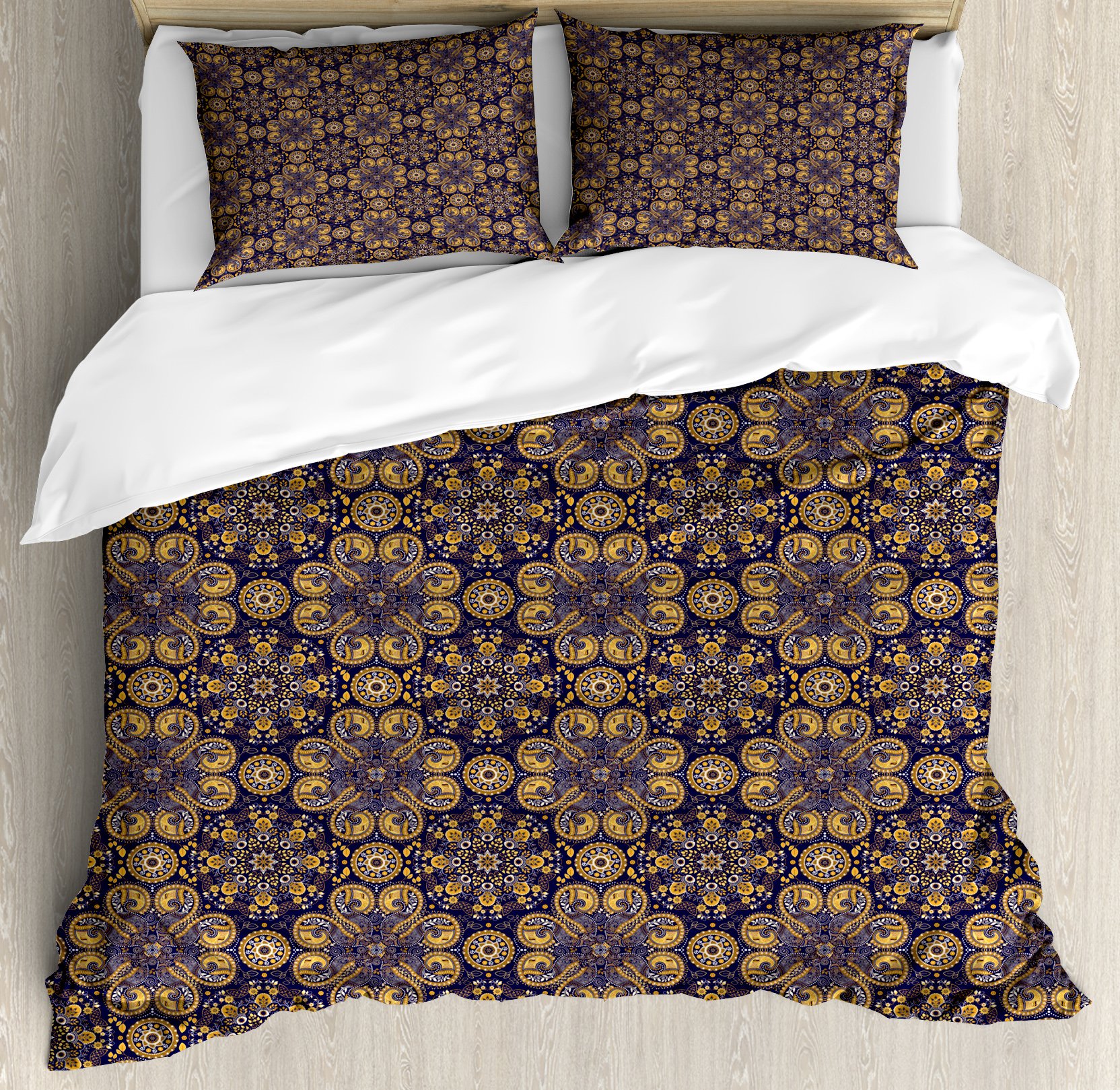 Ambesonne Mandala Duvet Cover Set - Eastern Mystical Design with Curlicues Leaves & Rich Floral Patterns, 3-Piece King Size Bedding Set with 2 Pillow Shams in Earth Yellow & Indigo | Bohemian Bedroom Decor, Spiritual Retreat, Meditation Space, Yoga Room Aesthetic