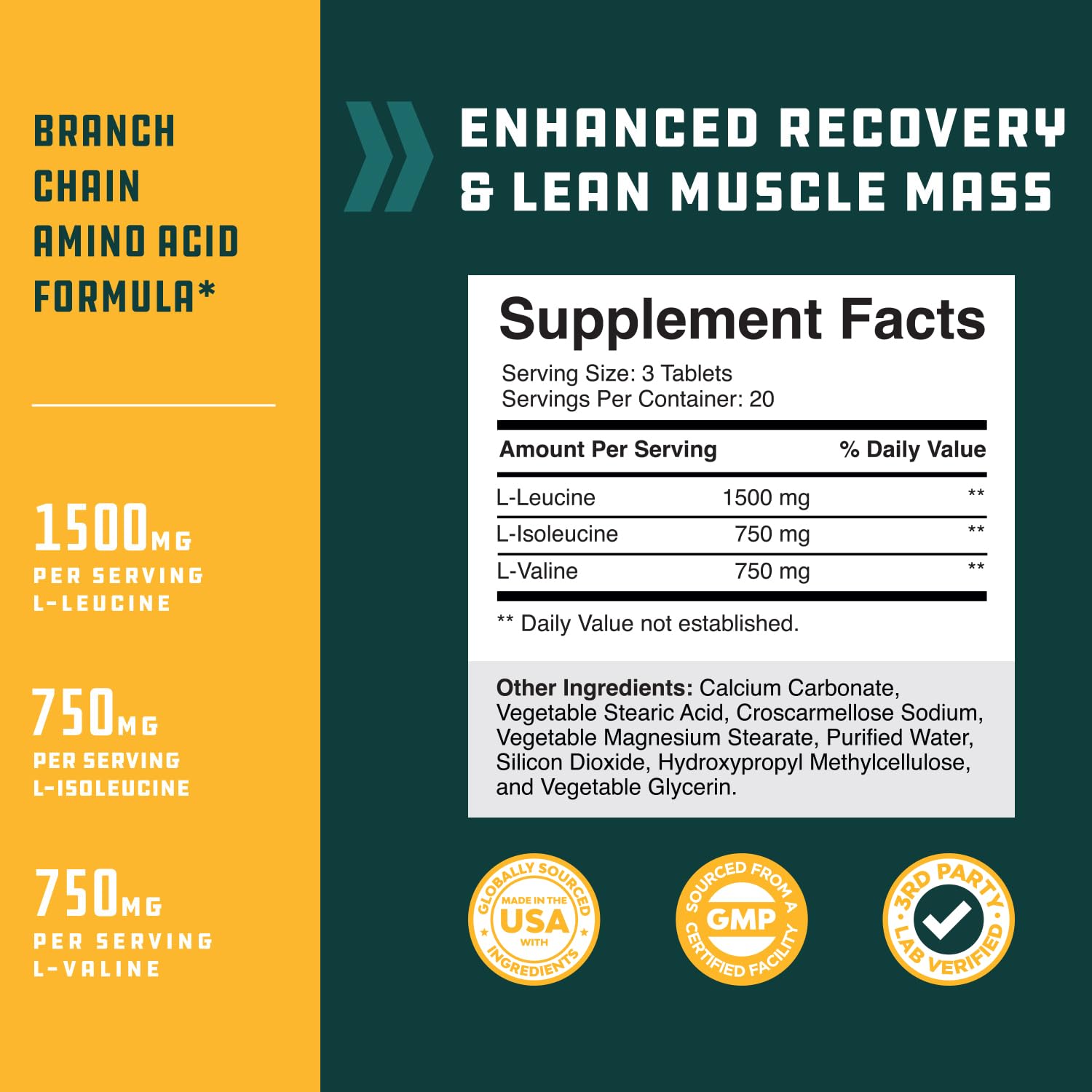 Vegan BCAA Supplement Tablets for Men & Women - Post Workout Muscle Recovery & Growth Support - Branched Chain Amino Acids (60 Count) - Ideal for Gym Training, Weightlifting & Fitness Enthusiasts