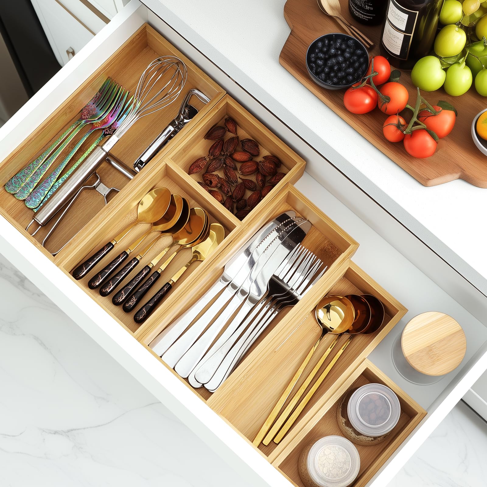 5-Piece Bamboo Drawer Organizer Set - Multi-Use Wooden Storage Trays for Kitchen, Bathroom, Office & Jewelry | Drawer Dividers & Container Organizers for Utensils, Makeup & Small Items | Perfect for Home Organization & Decluttering