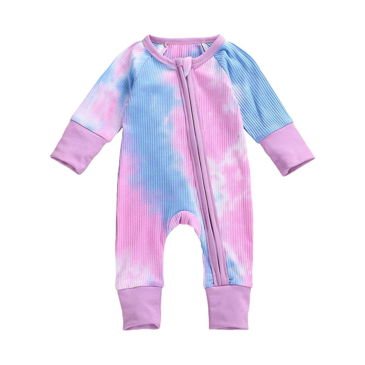 Gupgi Tie Dye Baby Romper - Long Sleeve Ribbed Knit Zipper Jumpsuit for Newborns (18-24 Months) | Soft Infant One-Piece Outfit for Boys & Girls | Perfect for Home Wear, Casual Outings & Photo Shoots (Blue)