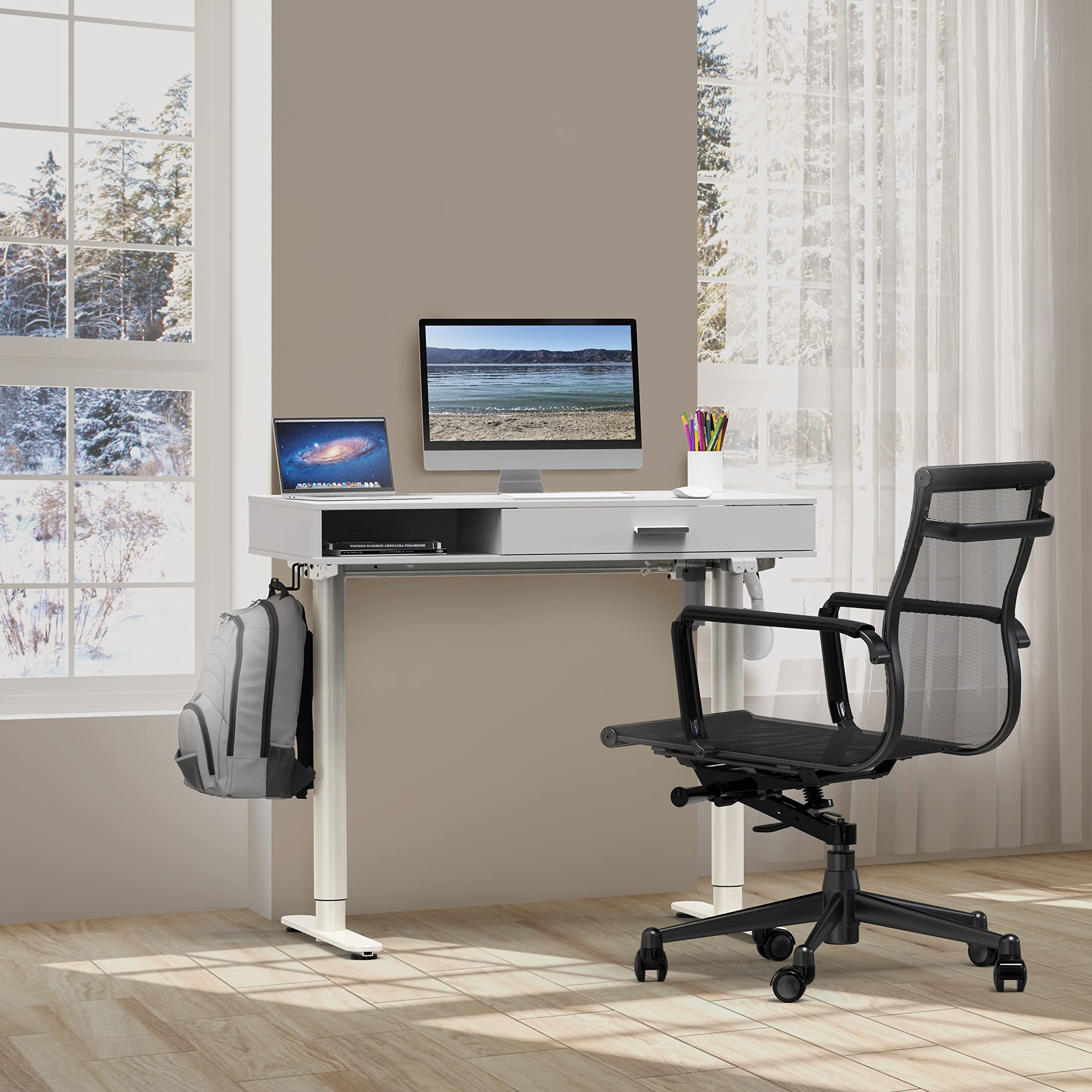 SHW Claire 40-Inch Electric Height Adjustable Standing Desk with Drawer - White | Home Office & Gaming Workstation for Ergonomic Comfort