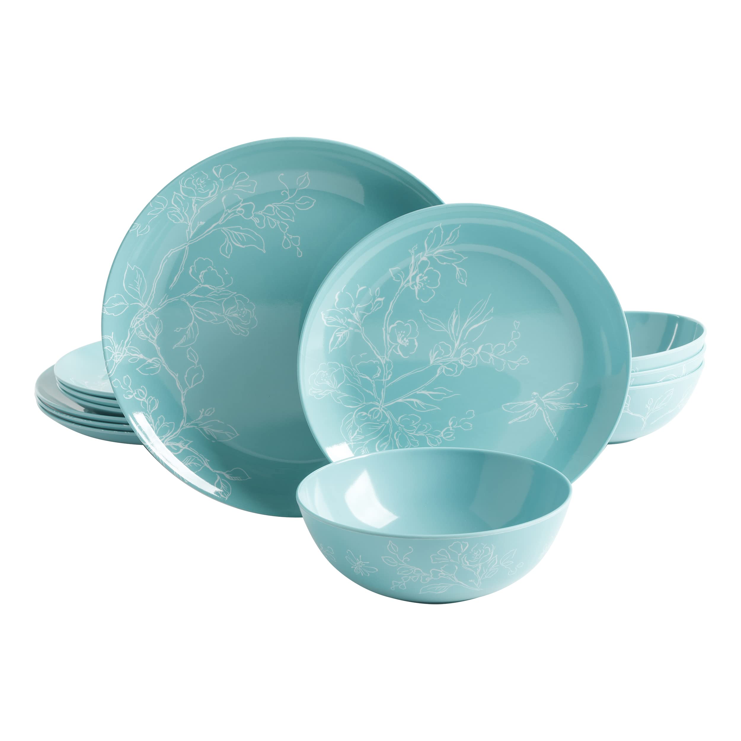 Martha Stewart Dragonfly Melamine Dinnerware Set - Teal, 12-Piece Service for 4, Outdoor & Indoor Use, Shatterproof & Lightweight for Picnics, Pool Parties & Everyday Dining