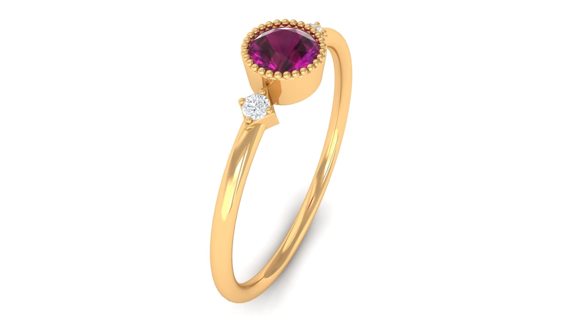 Natural 4MM Round Cut Rhodolite & Diamond Ring for Women - 14K Solid Gold Beaded Promise Ring - Perfect for Engagements, Anniversaries & Special Occasions