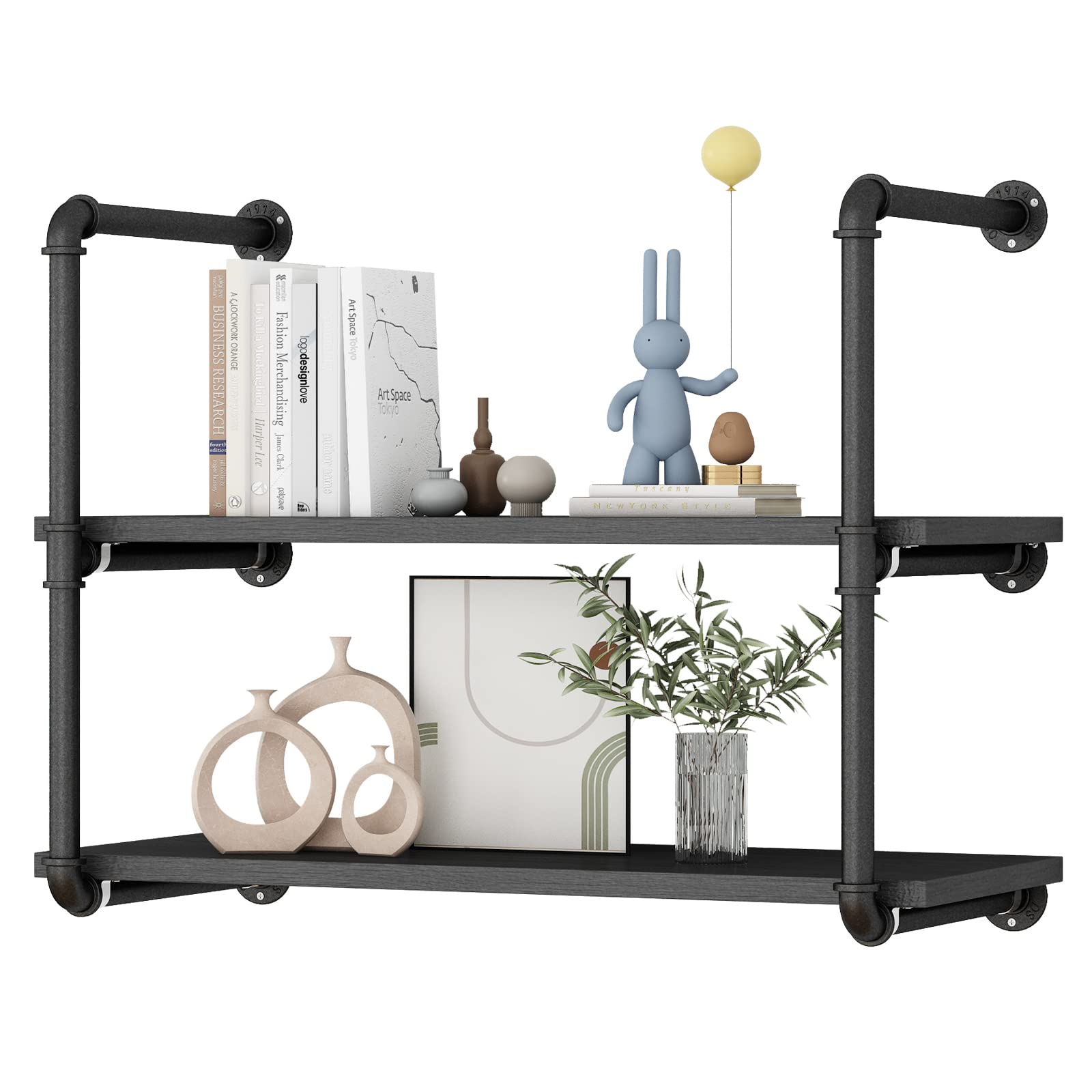 AZERPIAN Floating Shelves Wall Mounted - Industrial Pipe Metal Bookshelf Bracket for Bedroom, Living Room, Bathroom & Kitchen - 2 Tier Black - Perfect for Home Decor, Storage & Display