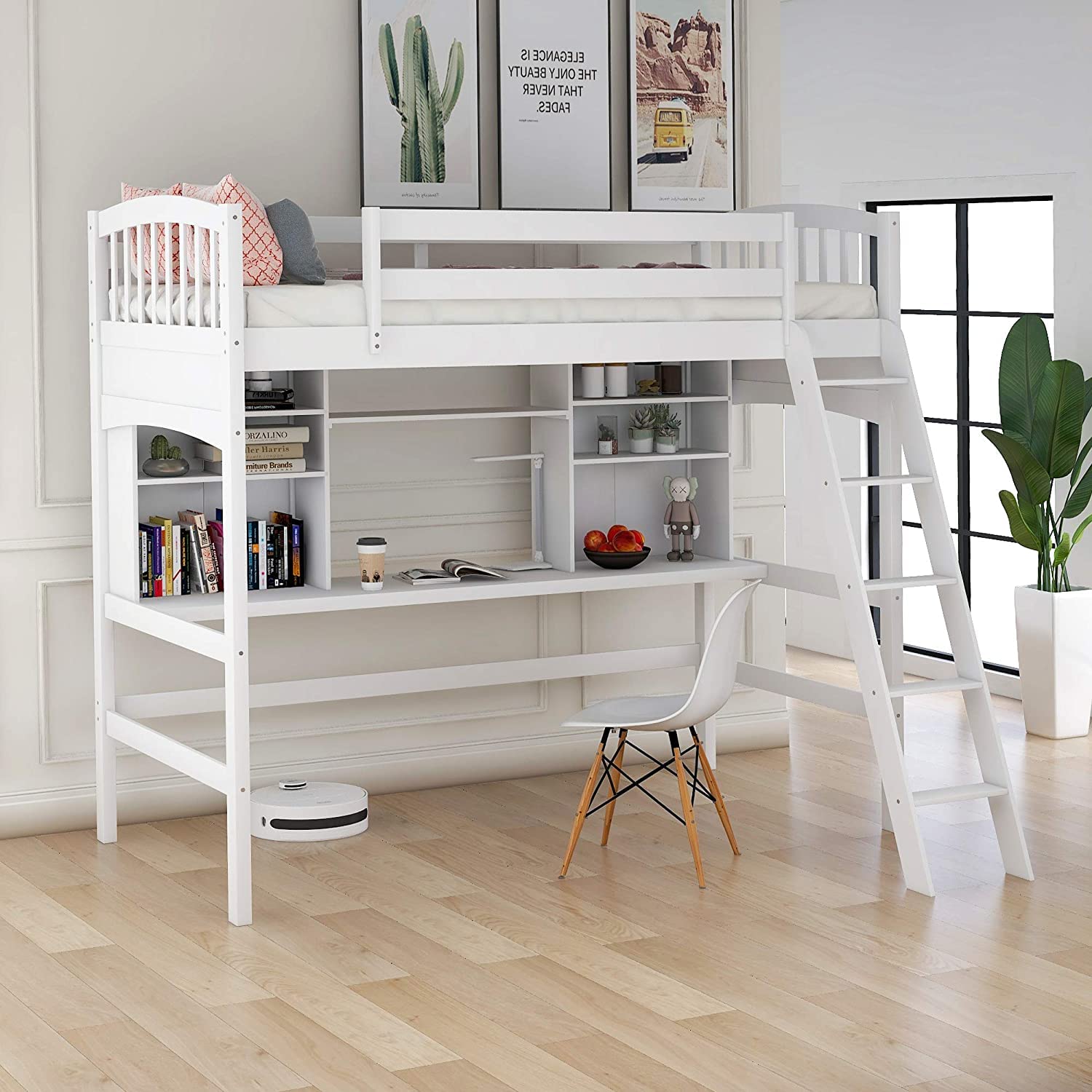 Twin Loft Bed with Desk & Storage Shelves - Sturdy Wood Frame with Guardrails & Angled Ladder for Kids, Teens & Adults - No Box Spring Needed - White - Perfect for Small Bedrooms, Dorm Rooms & Space-Saving Kids' Rooms