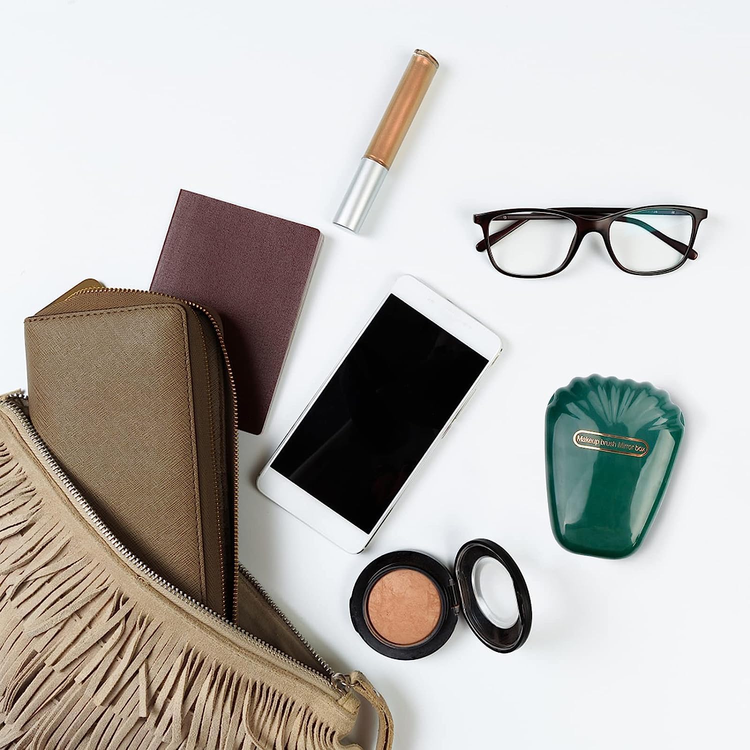 **Kamini Enterprise 5-Piece Mini Makeup Brush Set - Travel-Friendly Foundation & Eyeshadow Brushes with Mirror (Dark Green) - Perfect for On-the-Go Touch-Ups & Professional Makeup Application**