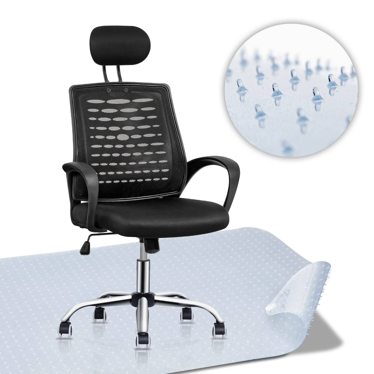 Premium Black Mesh Office Chair with Adjustable Headrest & Armrests - Ergonomic Computer Task Chair with Rectangular Desk Mat for Carpet - Perfect for Home Office, Gaming & Workspaces