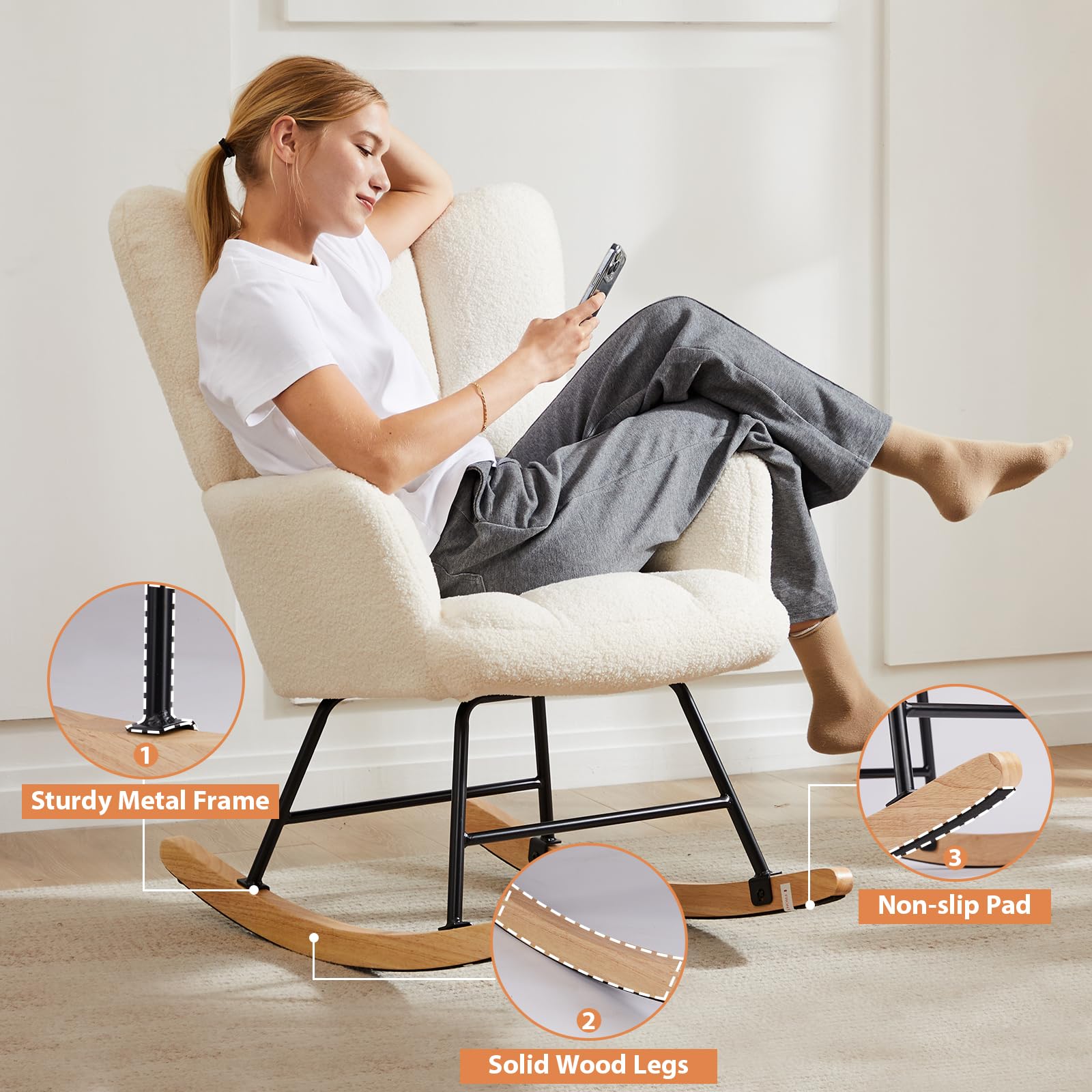 NEWBULIG Nursery Rocking Chair - Teddy Upholstered Glider Accent Armchair with High Backrest, Beige - Comfortable Rocking Chair for Nursery, Bedroom & Living Room - Perfect for Breastfeeding, Reading & Relaxing
