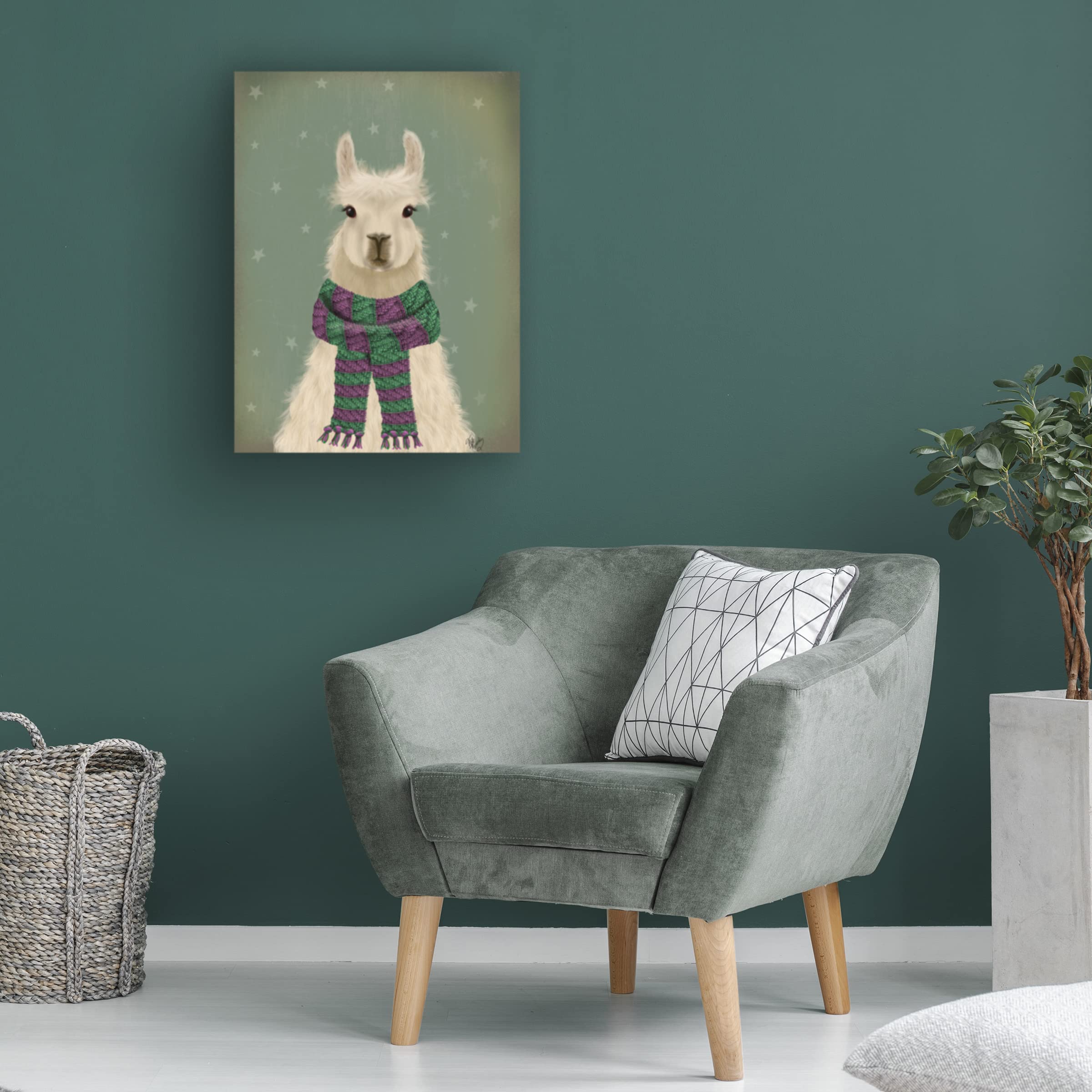 Fab Funky 'Llama with Purple Scarf' Canvas Wall Art Print - Modern Animal Portrait Painting for Living Room, Bedroom & Office Decor