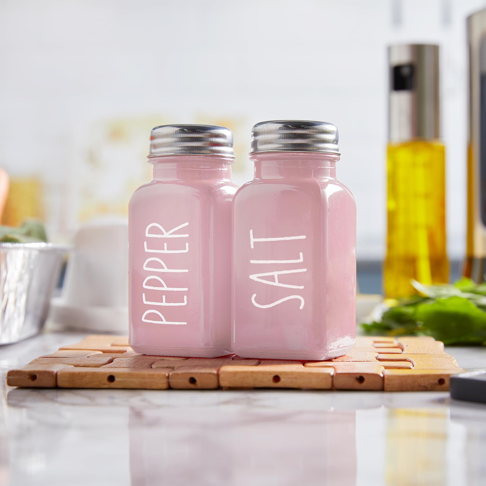 Pink Himalayan Salt and Pepper Shakers Set - Elegant Glass Kitchen Decor for Dining Table, RV Camping & BBQ Accessories - Perfect for Home, Travel and Outdoor Cooking