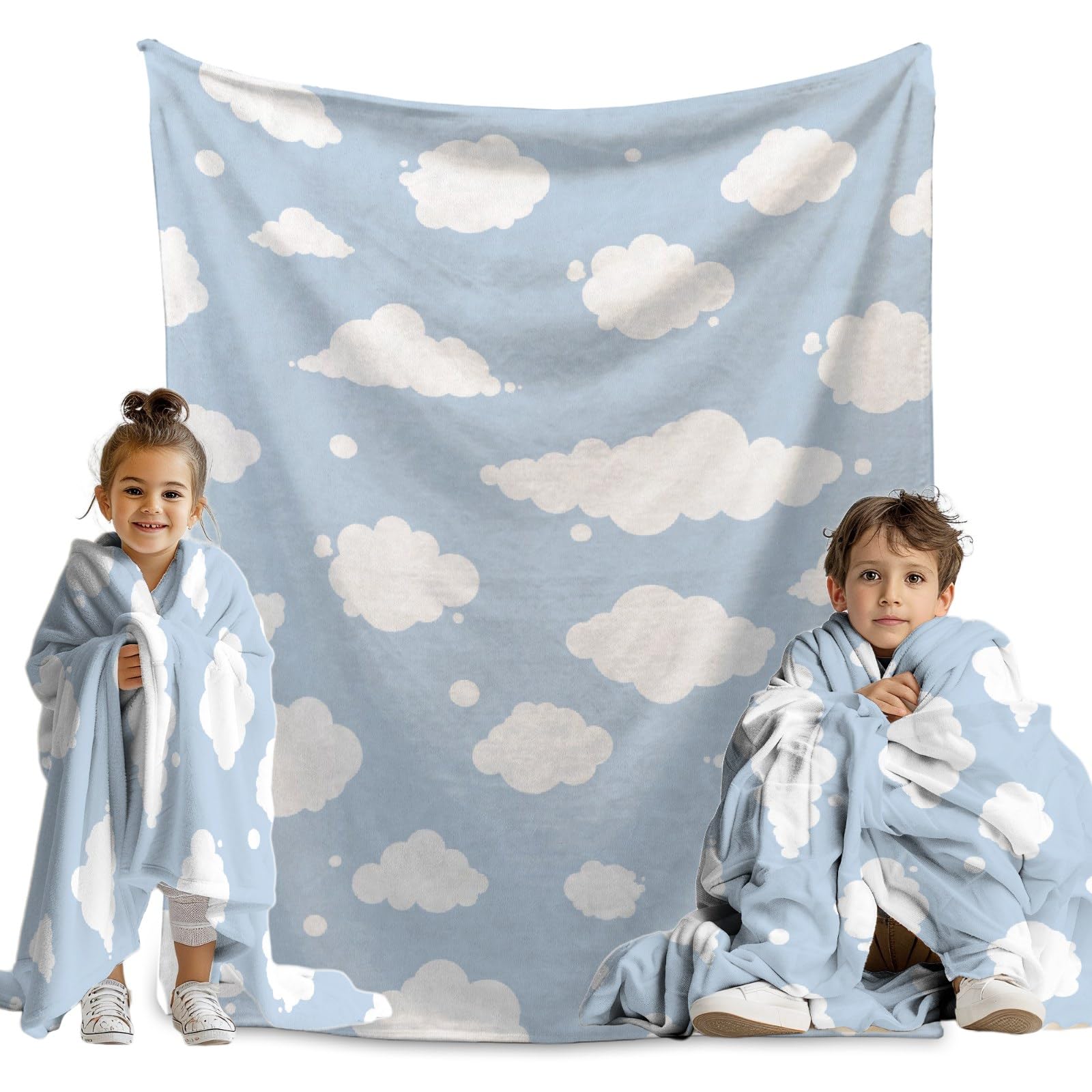 Soft Cloud Print Fleece Blanket - Blue & White Cozy Throw for Kids & Adults - Lightweight & Cute Blanket for Sofa, Chair, Bed - 120