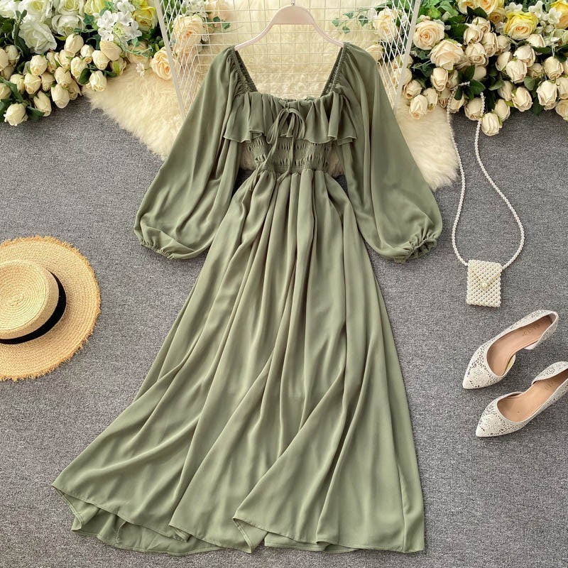Vintage French Retro Square Neck Puff Sleeve Chiffon Dress for Women - Elegant Flowy Midi Skirt with Floral Print | Perfect for Summer Weddings, Garden Parties & Date Nights