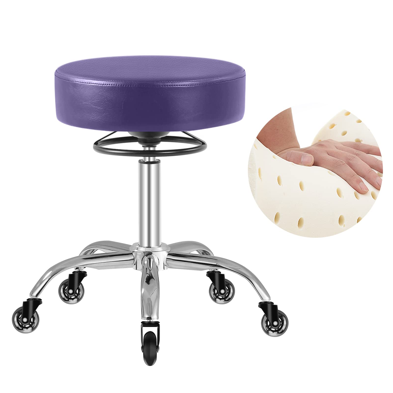 Heavy Duty Rolling Stool with Wheels - 400lbs Weight Capacity, Adjustable Swivel Chair for Tattoo, Massage, Salon, Spa, Drafting & Nail Tech - 360° Rotation, Leather Upholstery, Thick Padded Seat (Purple) - Perfect for Professional Studios, Home Office & Beauty Services