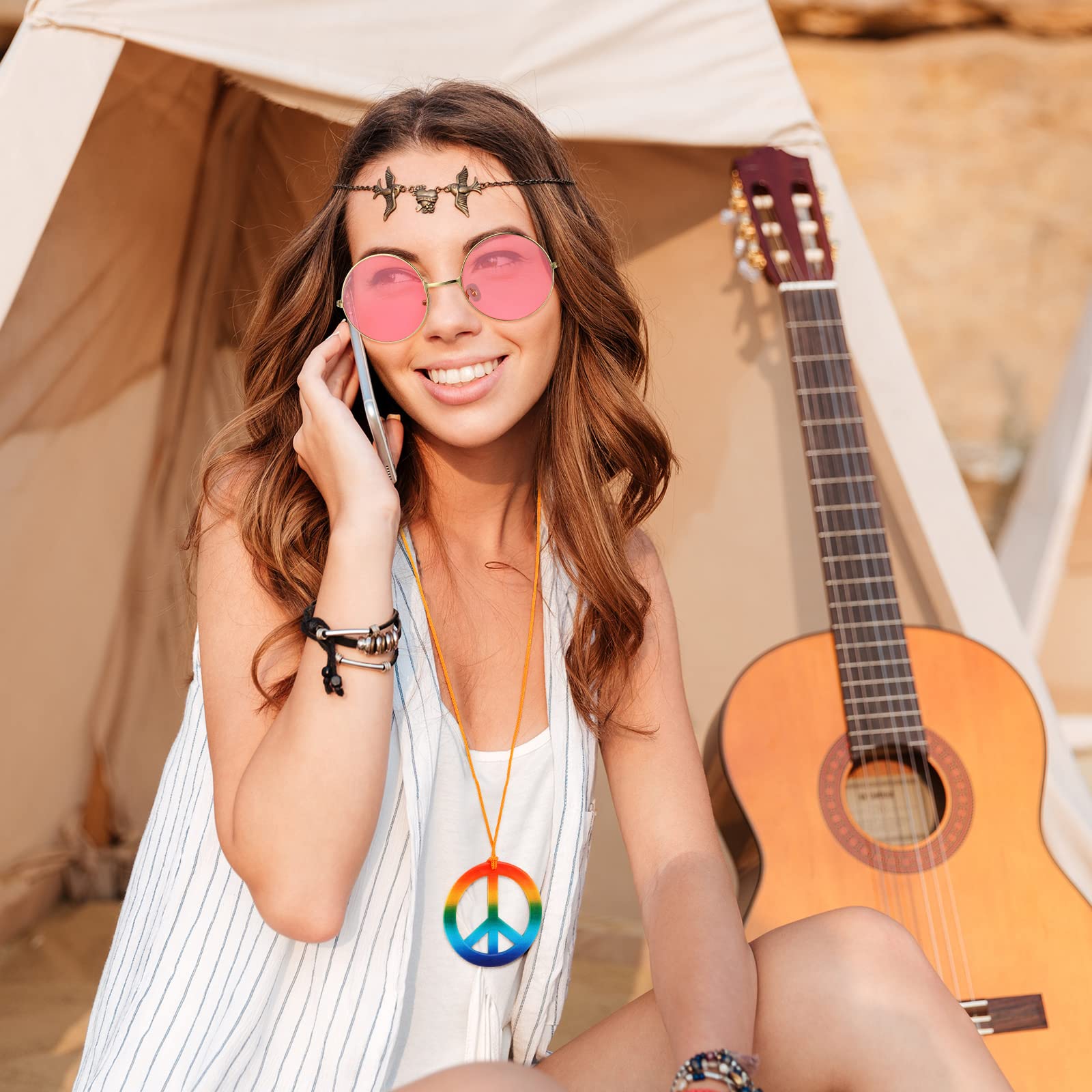 60s Retro Hippie Costume Accessories Set - 4 Piece Hippie Glasses, Peace Sign Pendant Necklace for Men & Women - Perfect for Halloween, Theme Parties, and 60s Inspired Outfits