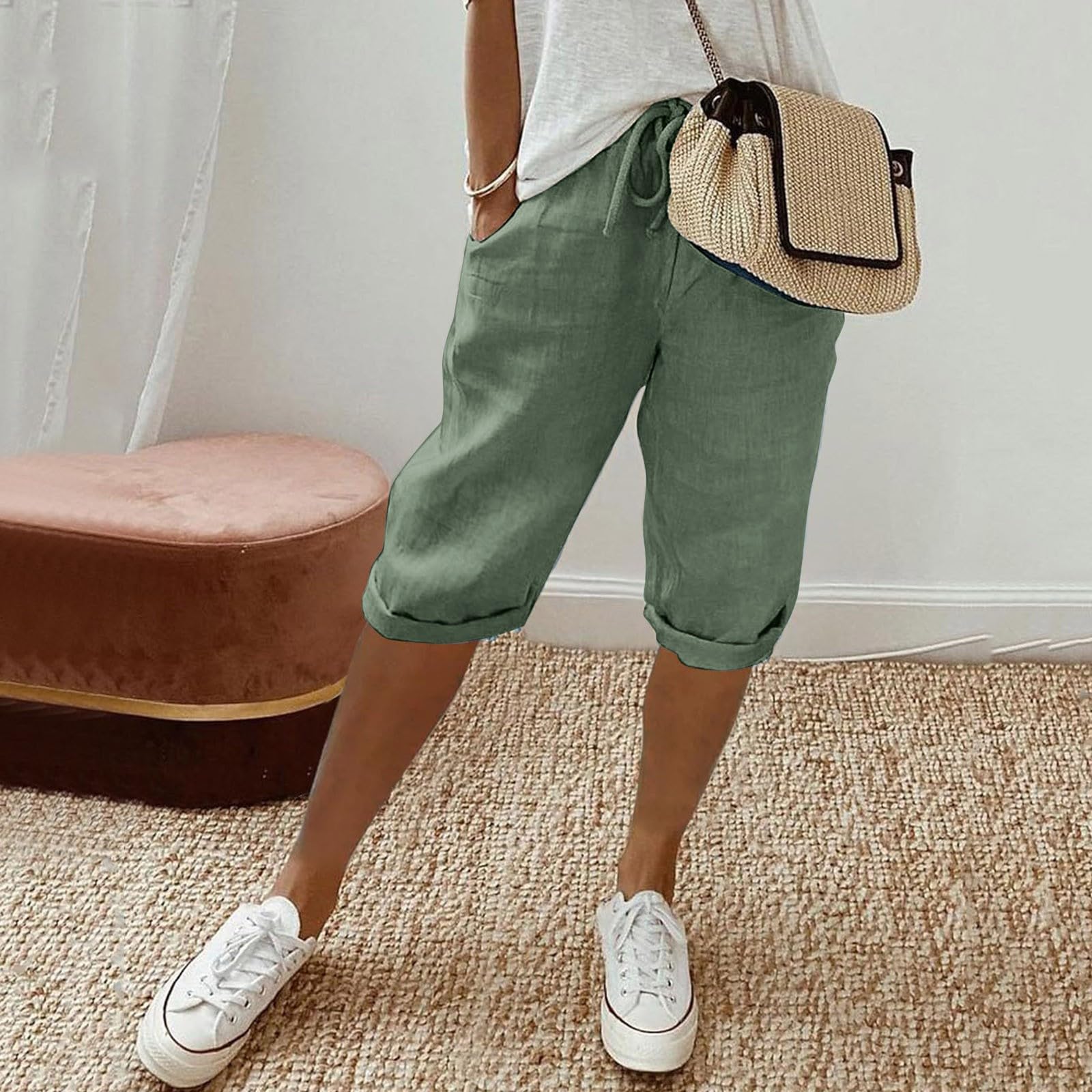 Women's Linen Bermuda Shorts - Summer Casual Drawstring Shorts with Pockets for Beach & Travel