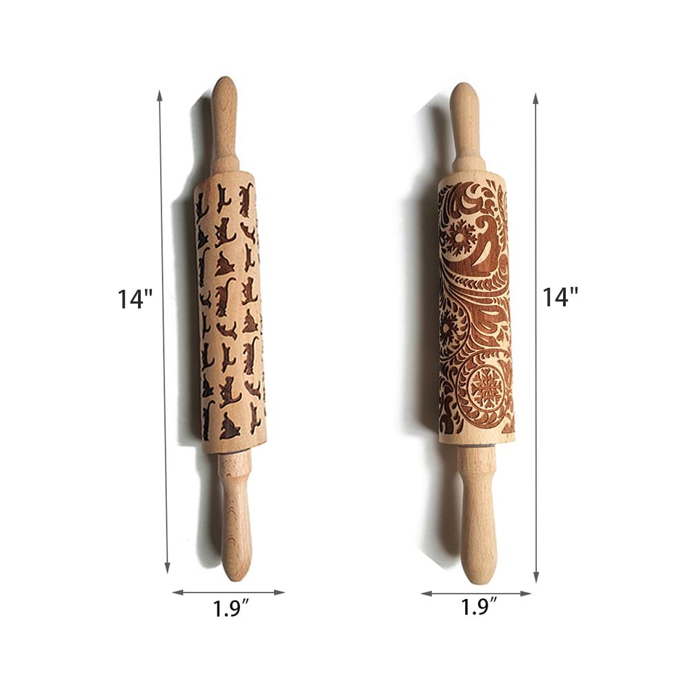 2 Pcs Embossed Wooden Rolling Pins - 3D Engraved Christmas Snowflake & Flower Pattern Dough Roller for Baking Cakes, Cookies, Pastry (14
