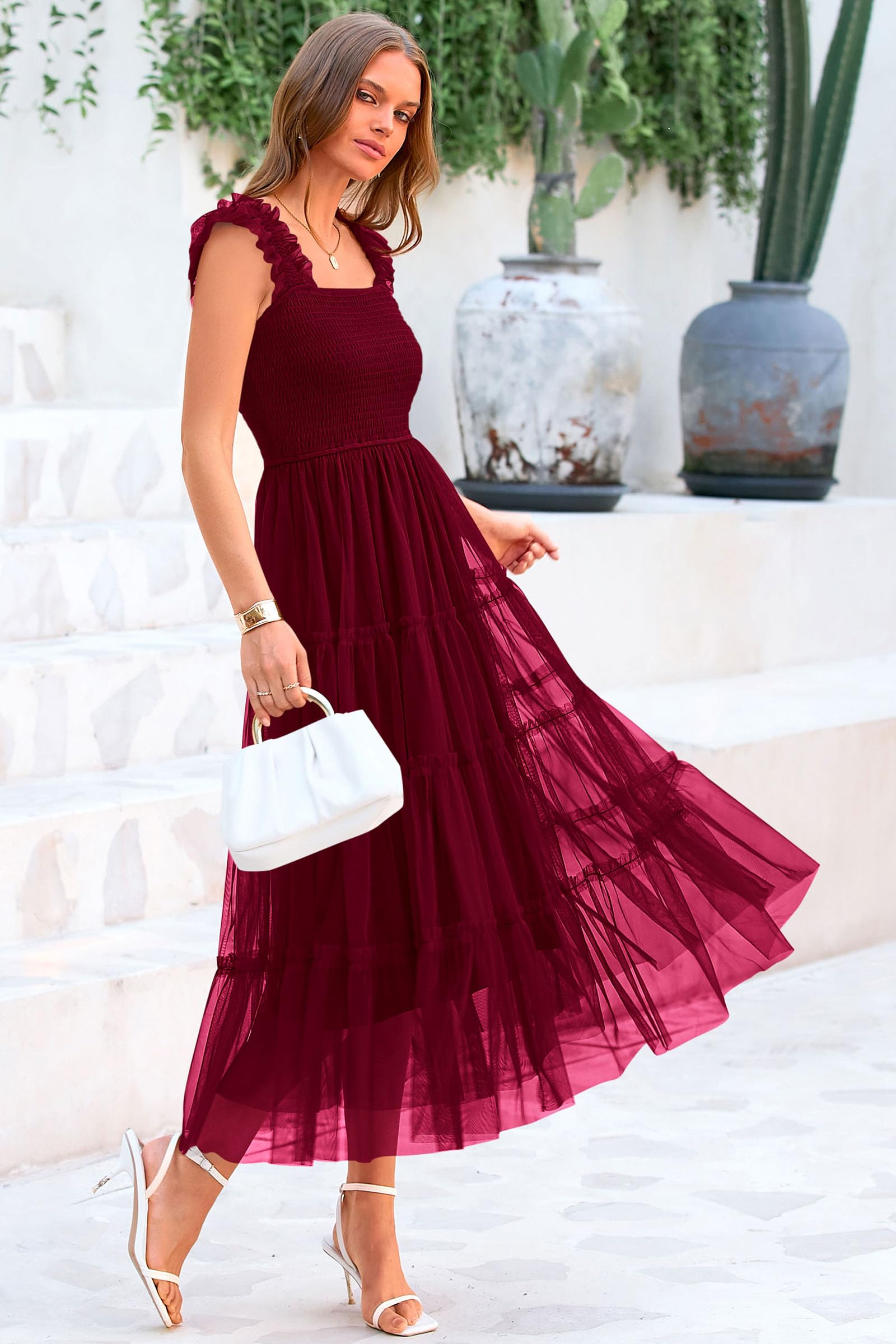 PRETTYGARDEN Women's Summer Midi Tulle Dress - Sleeveless Smocked Square Neck Ruffle Flowy Sundress for Wedding Guest, Party & Beach Vacation | Elegant A-Line Formal Dress for Bridesmaid, Cocktail & Special Occasions