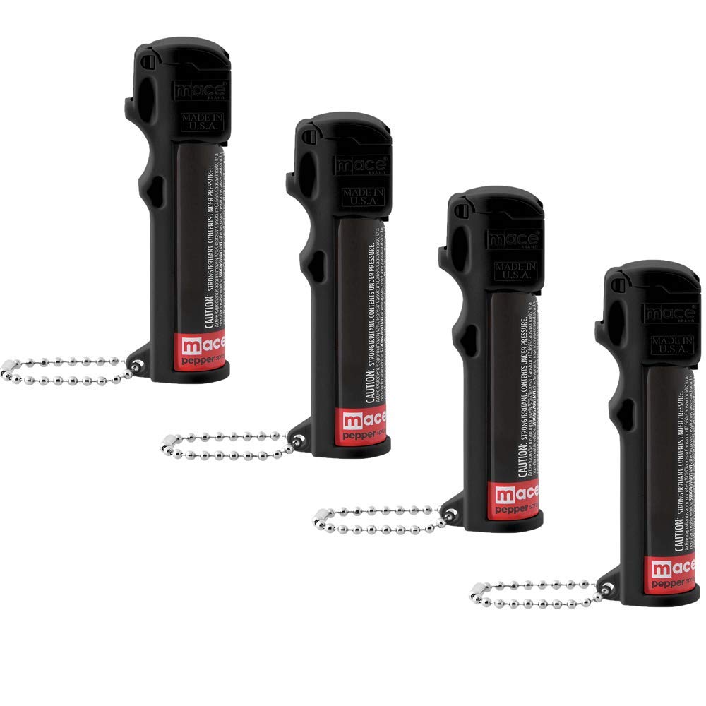 Police Strength Mace Brand PepperGuard Personal Pepper Spray (4 Pack, Black) – 12' Powerful OC Pepper Spray with UV Dye Marking – Includes Keychain for Self Defense – Ideal for Jogging, Night Walks & Personal Safety