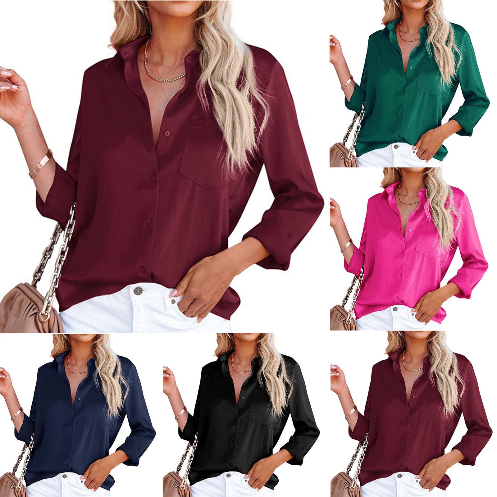 Women's Casual Button Down Shirts - Long Sleeve Business Blouse Tops, Loose Fit Solid V-Neck Basic Tees for Work & Office Wear | Perfect for Professional Outfits, Business Meetings & Smart Casual Occasions