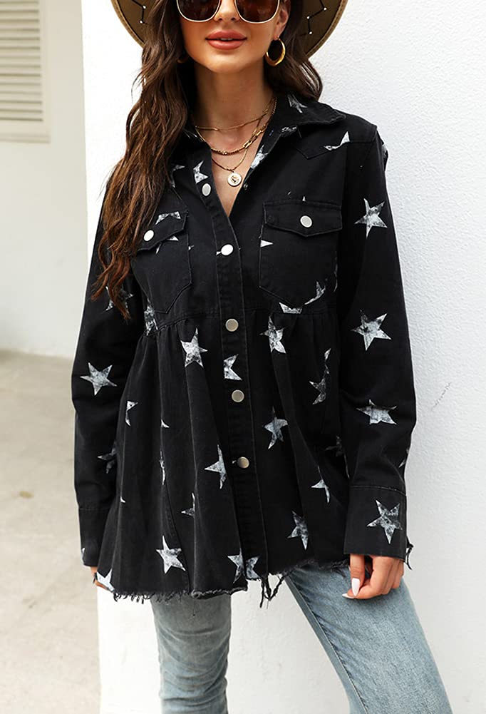 Chouyatou Women's Distressed Denim Jacket with Raw Hem & Star Print - Mid-Length Peplum Style for Casual Outfits, Perfect for Spring Layering and Streetwear Fashion