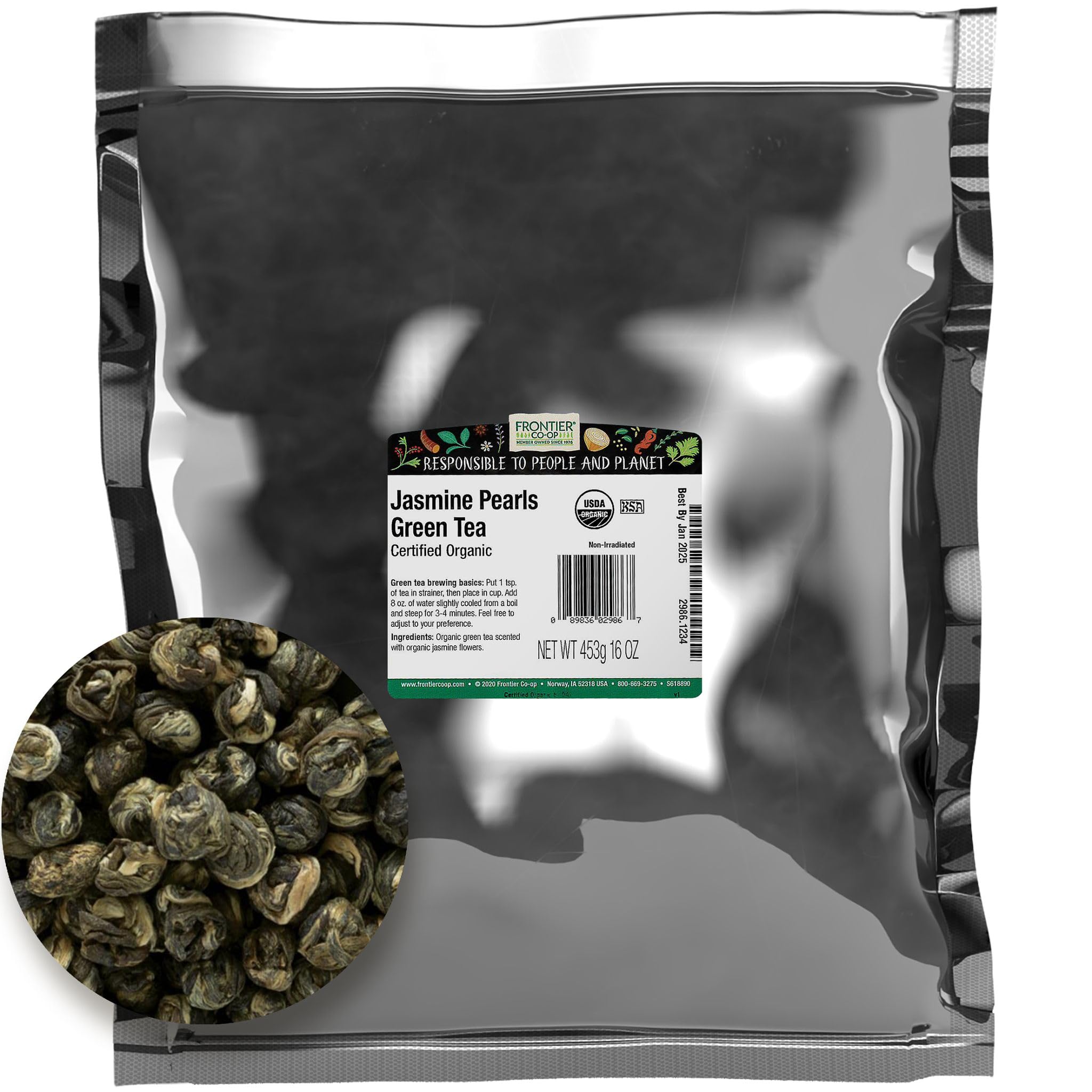 Organic Frontier Bulk Jasmine Pearls Green Tea - 16oz Premium Loose Leaf Tea for Relaxation & Wellness | USDA Certified Organic | Floral Scented Tea for Iced Tea & Stress Relief | Perfect for Home, Office, Yoga & Gifts | Enjoy During Morning Rituals, Tea Breaks & Evening Wind-Down | Great for Daily Brewing, Meditation & Special Occasions