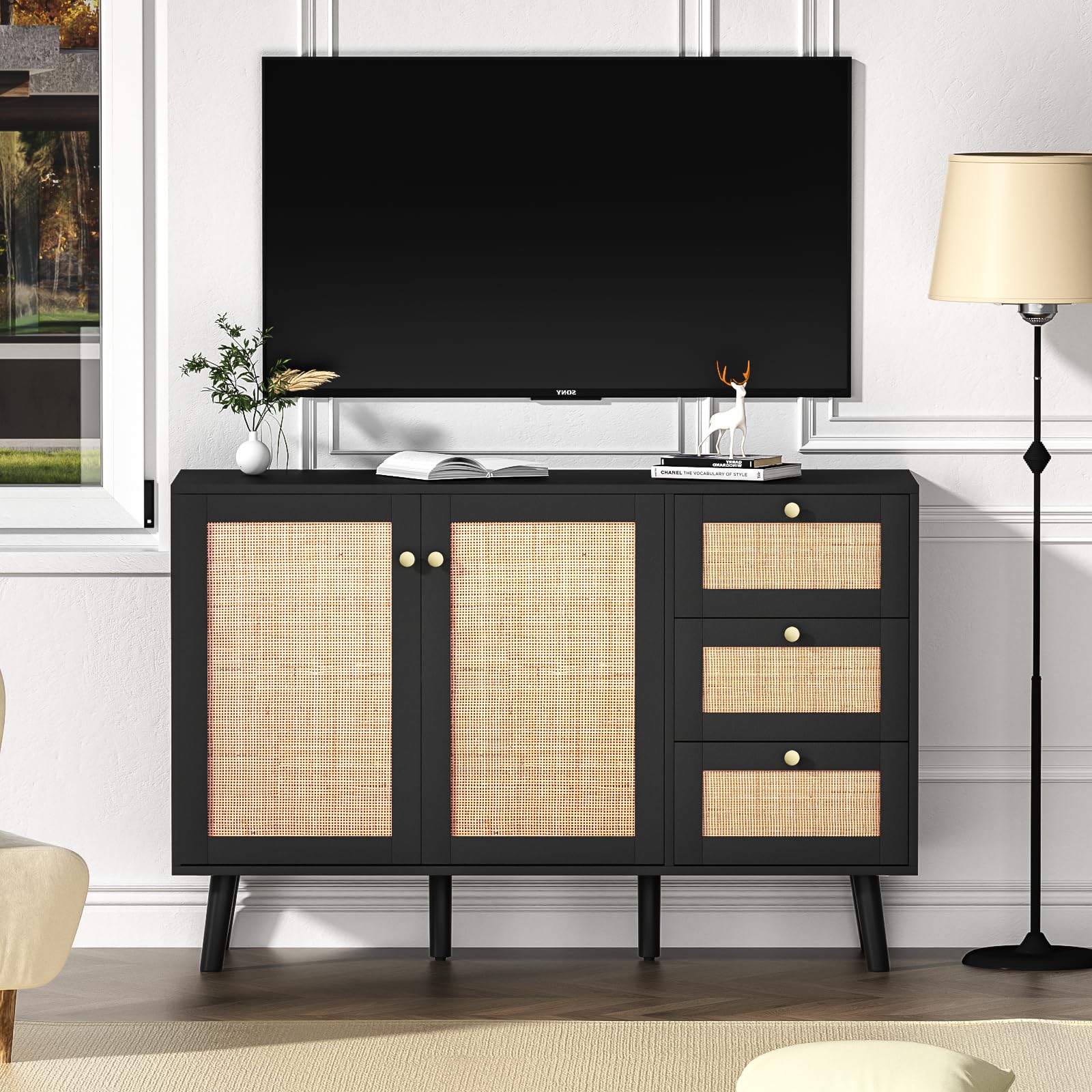 Anmytek Black Rattan Sideboard Buffet Cabinet - 2 Doors & 3 Drawers Storage Credenza for Dining Room, Hallway, Kitchen | Perfect for Home Organization & Entertaining Guests