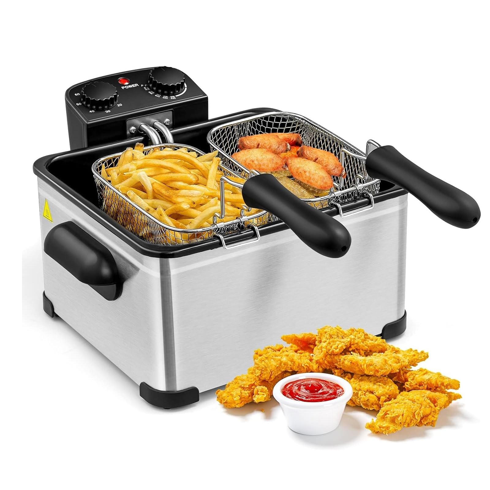 ARLIME 5.3 Qt/5L Electric Deep Fryer with 2 Baskets - Adjustable Temperature & Timer, Removable Oil Container & View Window Lid - Stainless Steel Home Kitchen Appliance for Frying Chicken, Fish, French Fries & Donuts - Perfect for Family Gatherings & Restaurant-Style Cooking