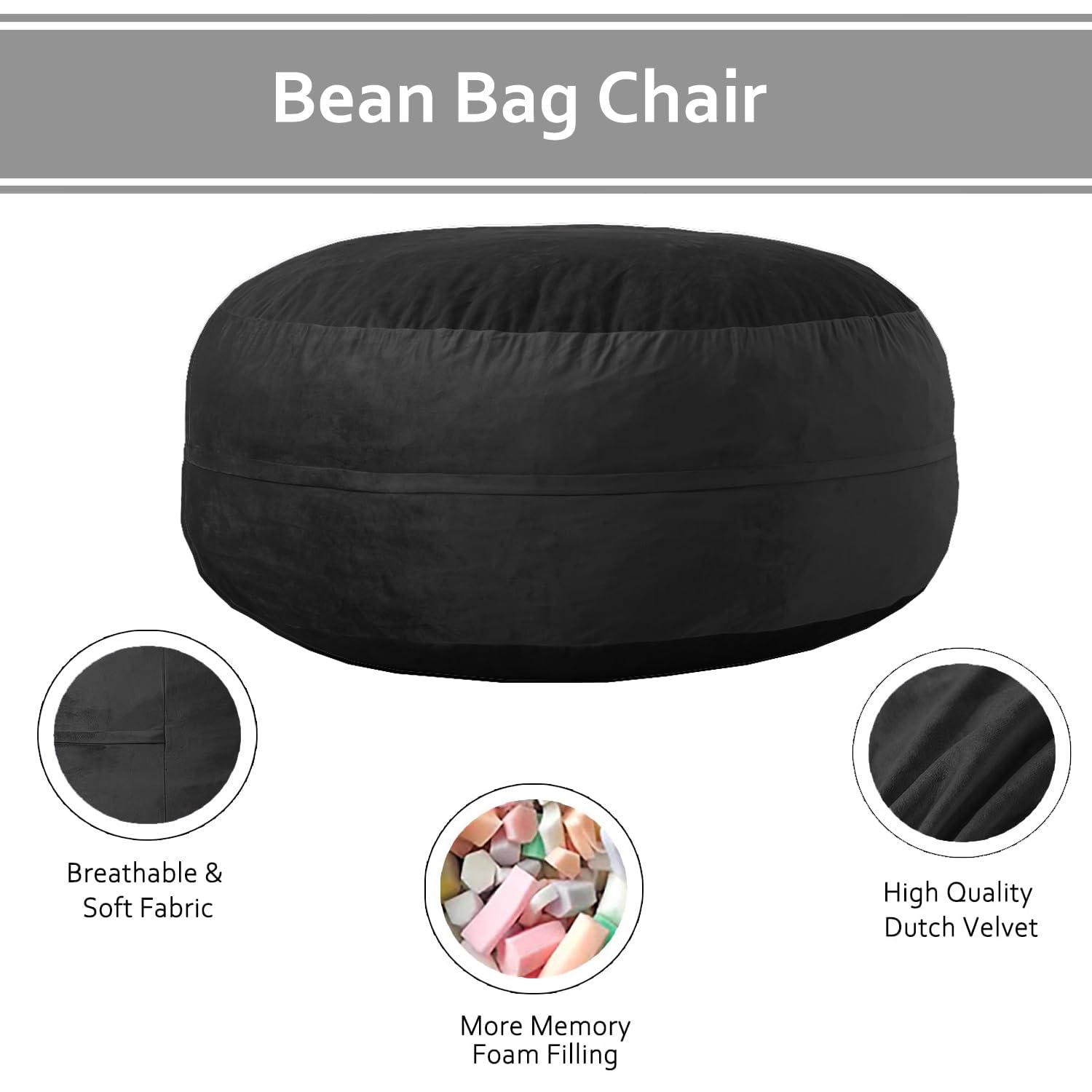 **WhatsBedding Medium Bean Bag Chair for Adults - Adjustable Foam Filling, Dutch Velvet Cover, Soft Fabric - 3 Foot Black - Perfect for Living Room, Bedroom, Game Room & Relaxation**