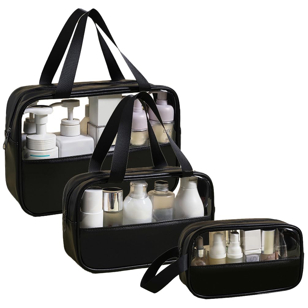 Waterproof Clear Makeup & Toiletry Travel Bag Set of 3 (Black) - Large Transparent Cosmetic Organizer for Men & Women - Perfect for Airplane Carry-on, Gym, Beach & Vacation Essentials Storage