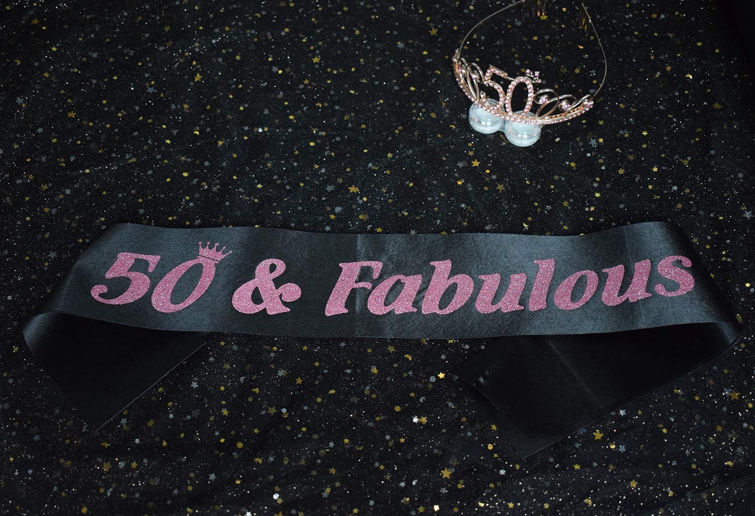 50th Birthday Tiara and Sash Set - Sparkly Black Satin Sash & Rose Gold Crystal Crown for Women's 50th Birthday Party Decorations | Perfect for Milestone Celebrations, Birthday Photos, and Princess-Themed Parties