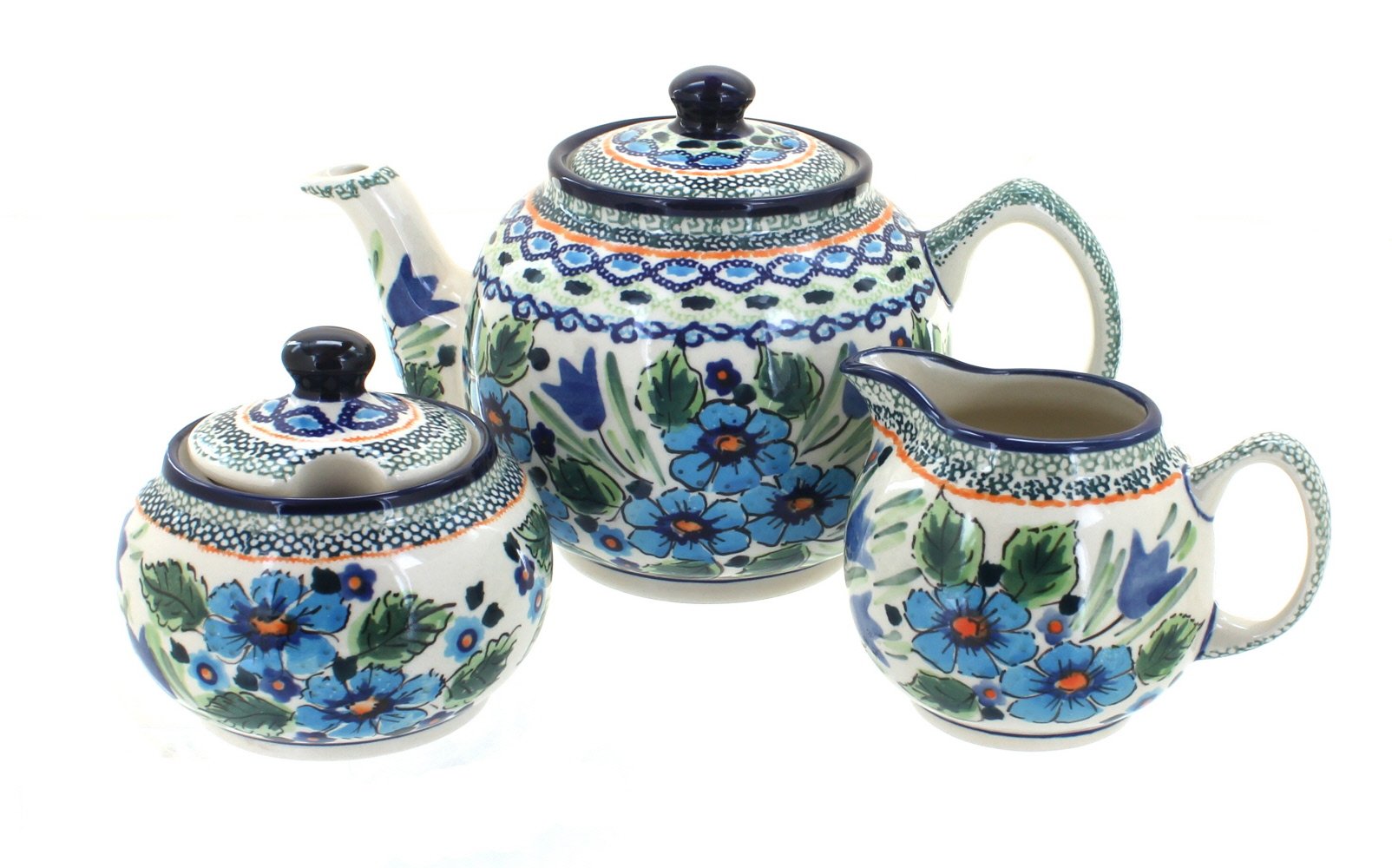 Blue Rose Polish Pottery Ballina 3-Piece Tea Set - Handcrafted Ceramic Teapot with Cups - Perfect for Afternoon Tea, Gifts & Home Decor